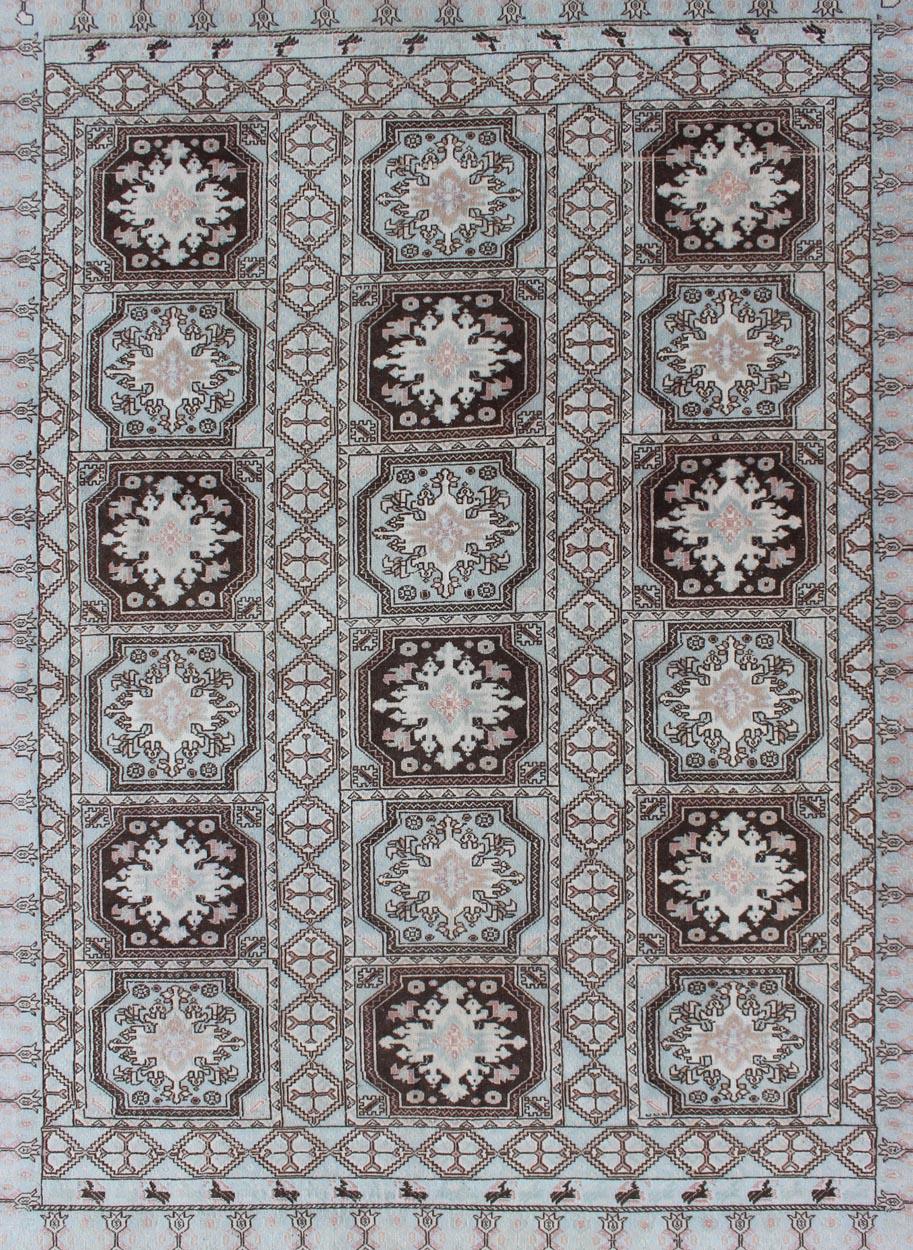 Tribal Vintage Moroccan Rug with Medallions in Black and Light Blue For Sale