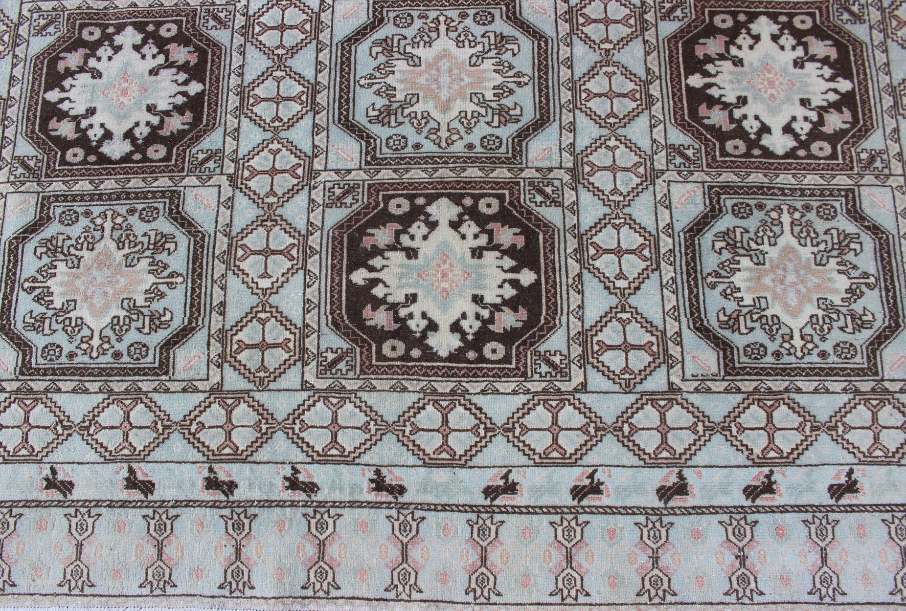 Vintage Moroccan Rug with Medallions in Black and Light Blue For Sale 1