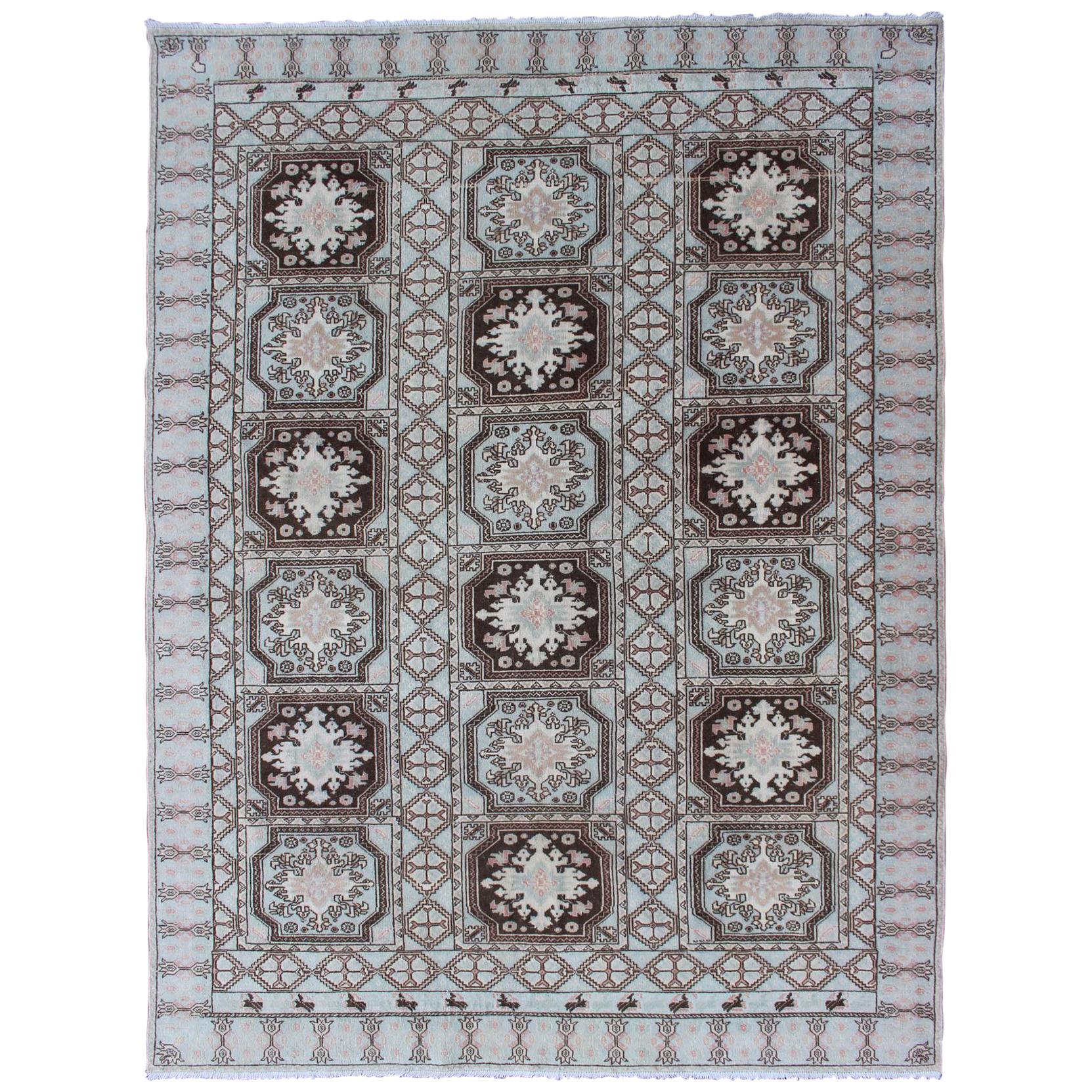 Vintage Moroccan Rug with Medallions in Black and Light Blue For Sale