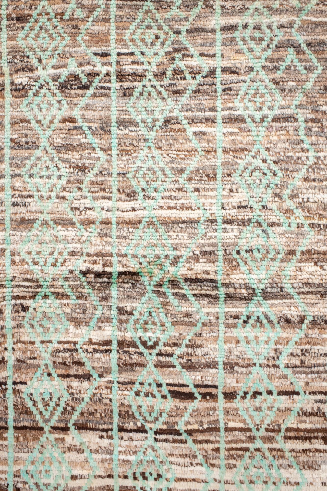 Vintage Moroccan Rug with Pale Aqua Tribal Diamonds on Mottled Earth Tones In Good Condition For Sale In New York, NY