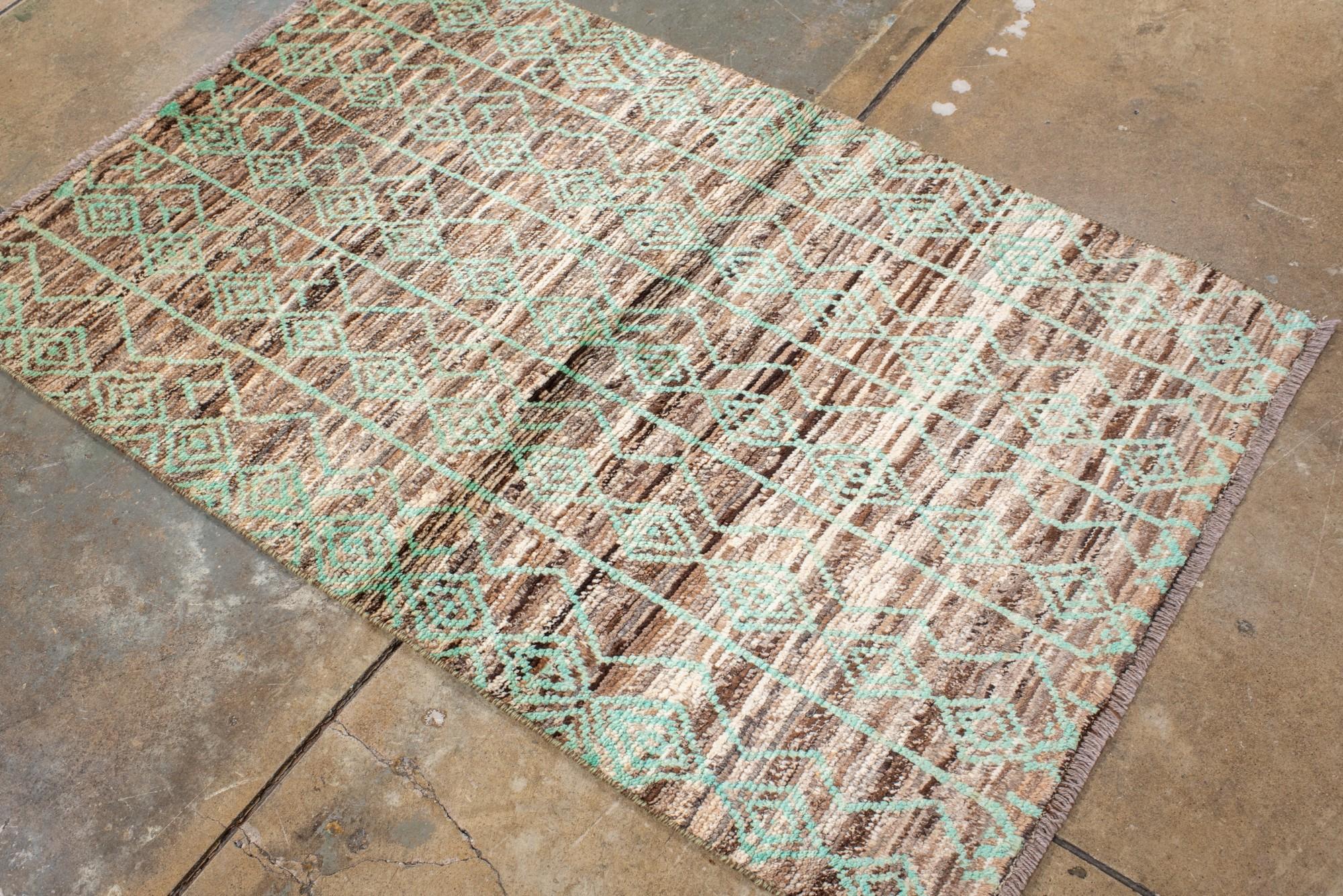 Wool Vintage Moroccan Rug with Pale Aqua Tribal Diamonds on Mottled Earth Tones For Sale