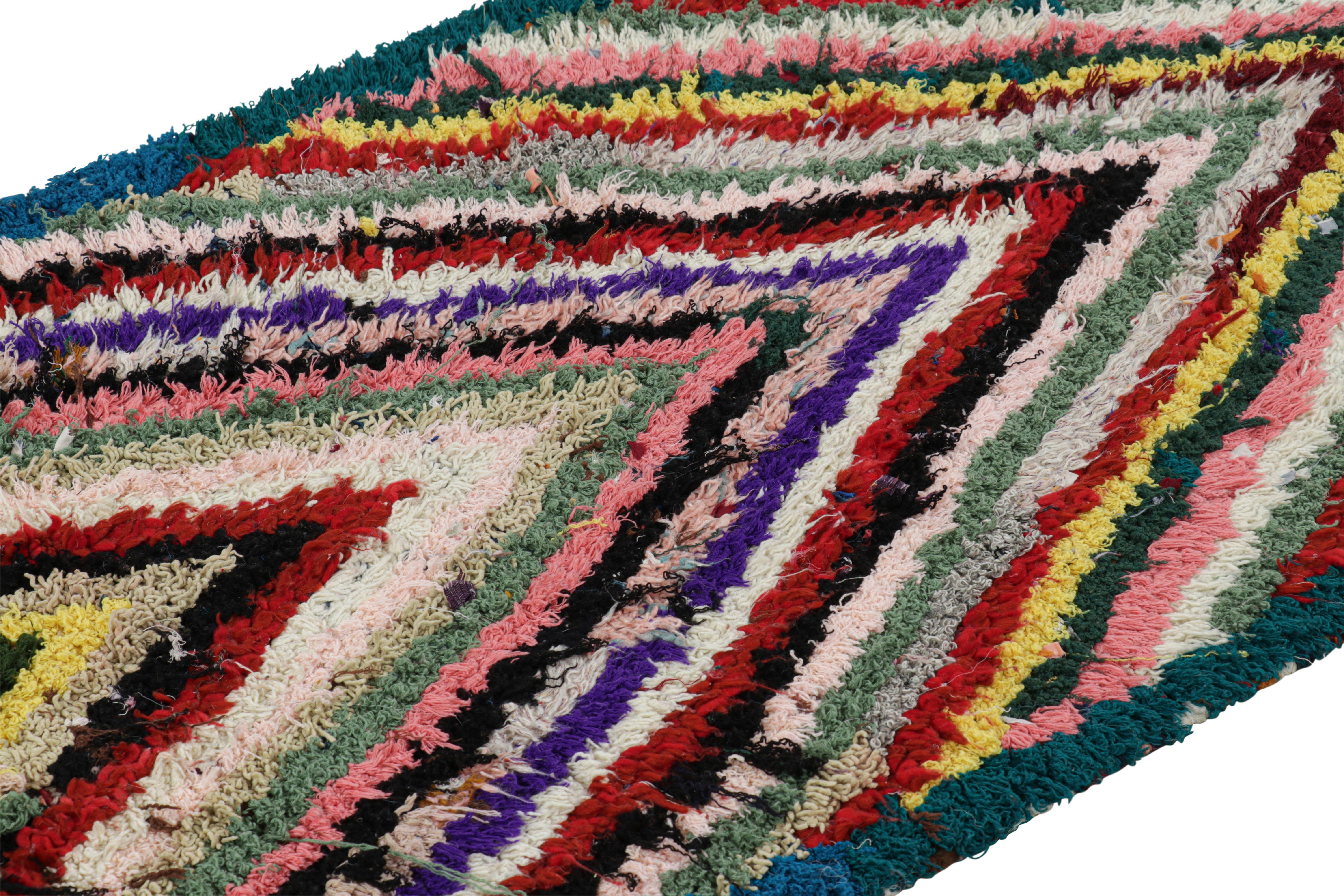 Hand-knotted in wool and originating from Morocco circa 1950-1960, this 3x6 vintage Moroccan rug is an extremely rare piece like so few of its provenance. 

On the Design: 

Admirers of the craft will note what an exceptional find this shabby chic