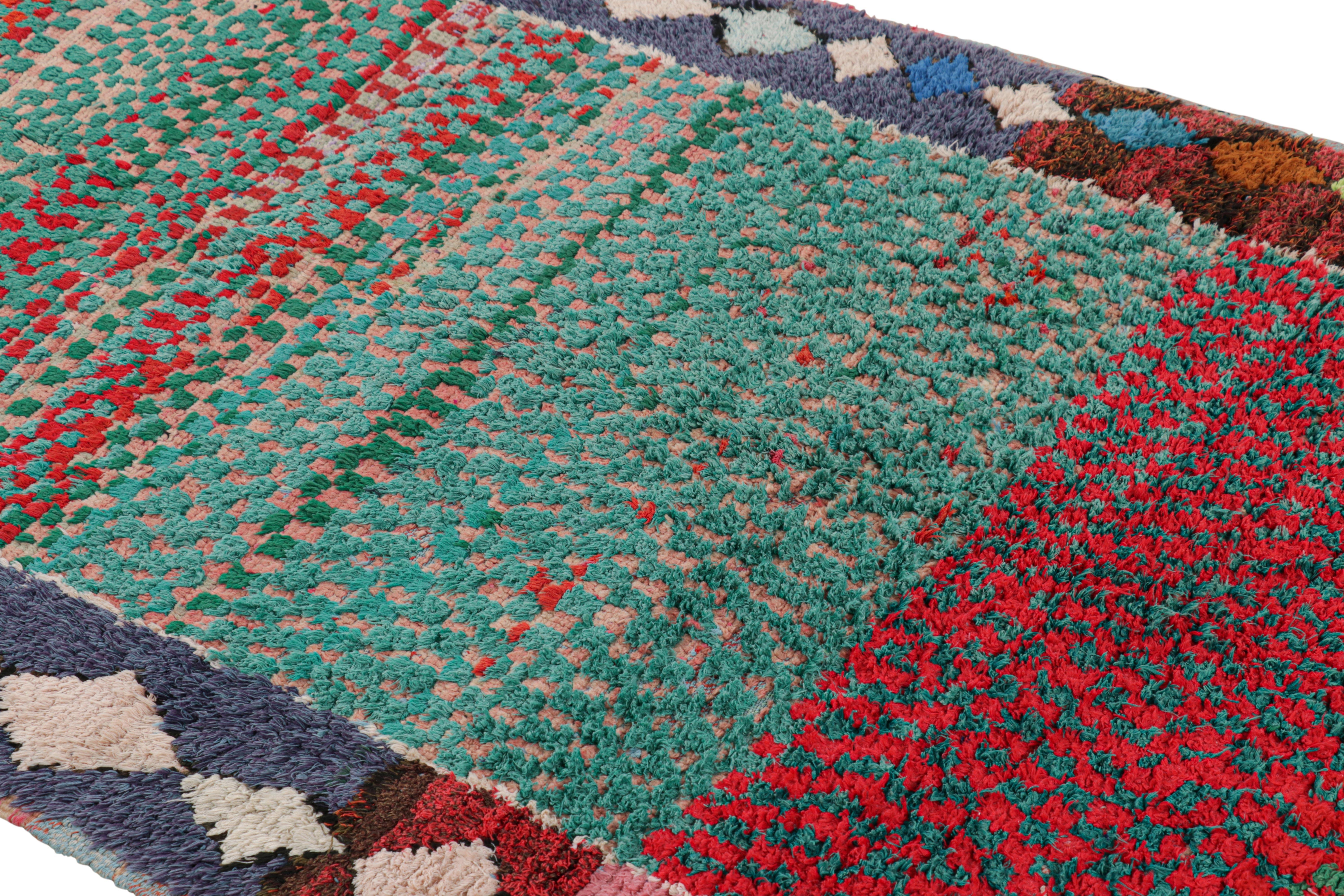 Hand-knotted in wool and originating from Morocco circa 1950-1960, this 4x6 vintage Moroccan rug is an extremely rare piece like so few of its provenance. 

On the Design: 

Admirers of the craft will note what an exceptional find this shabby chic