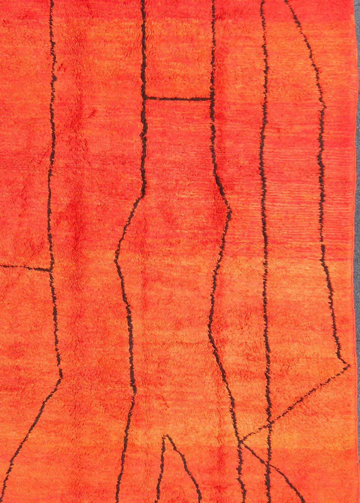 Hand-Knotted Vintage Moroccan Rug with Orange/Red and Charcoal Line in Modern Design For Sale