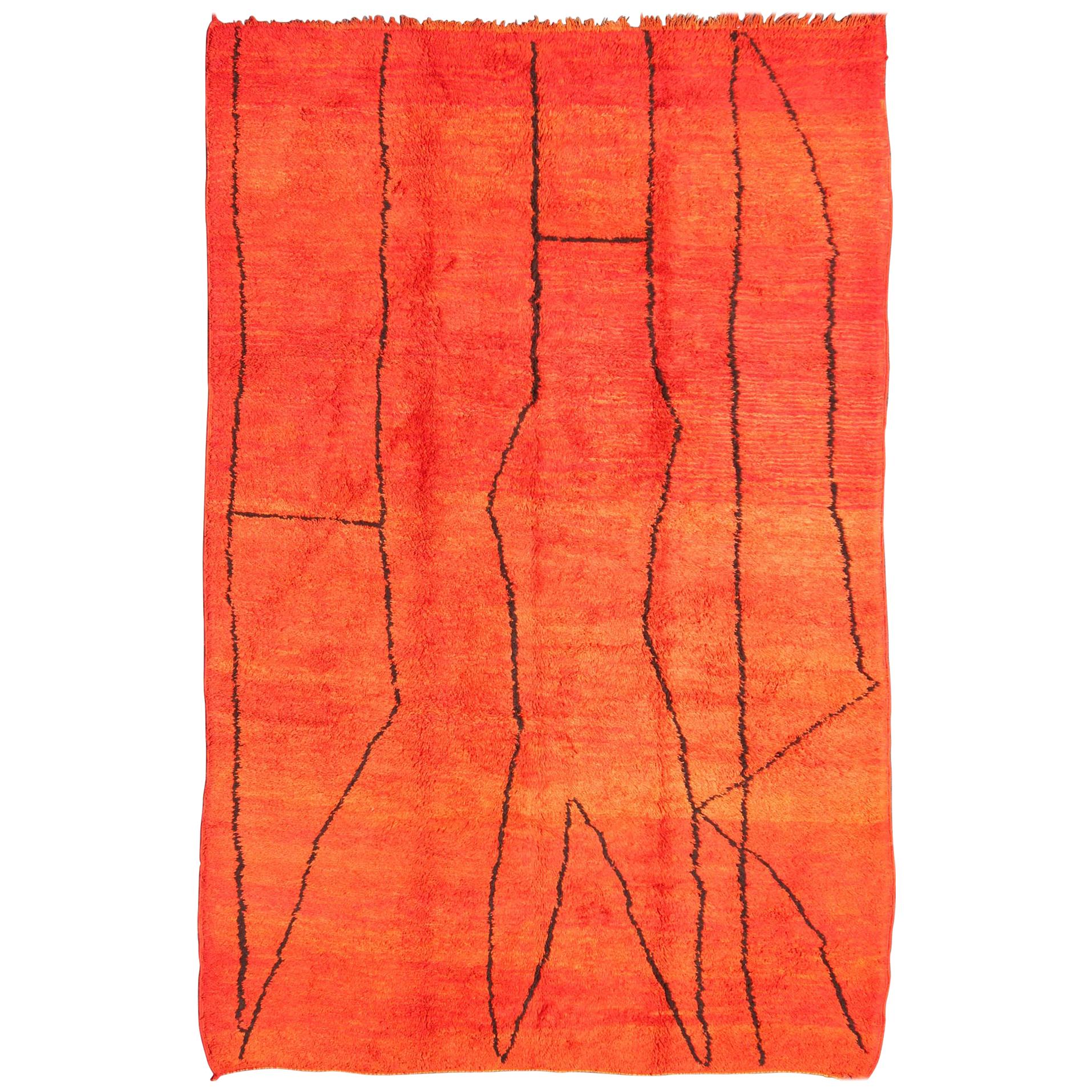 Vintage Moroccan Rug with Orange/Red and Charcoal Line in Modern Design For Sale