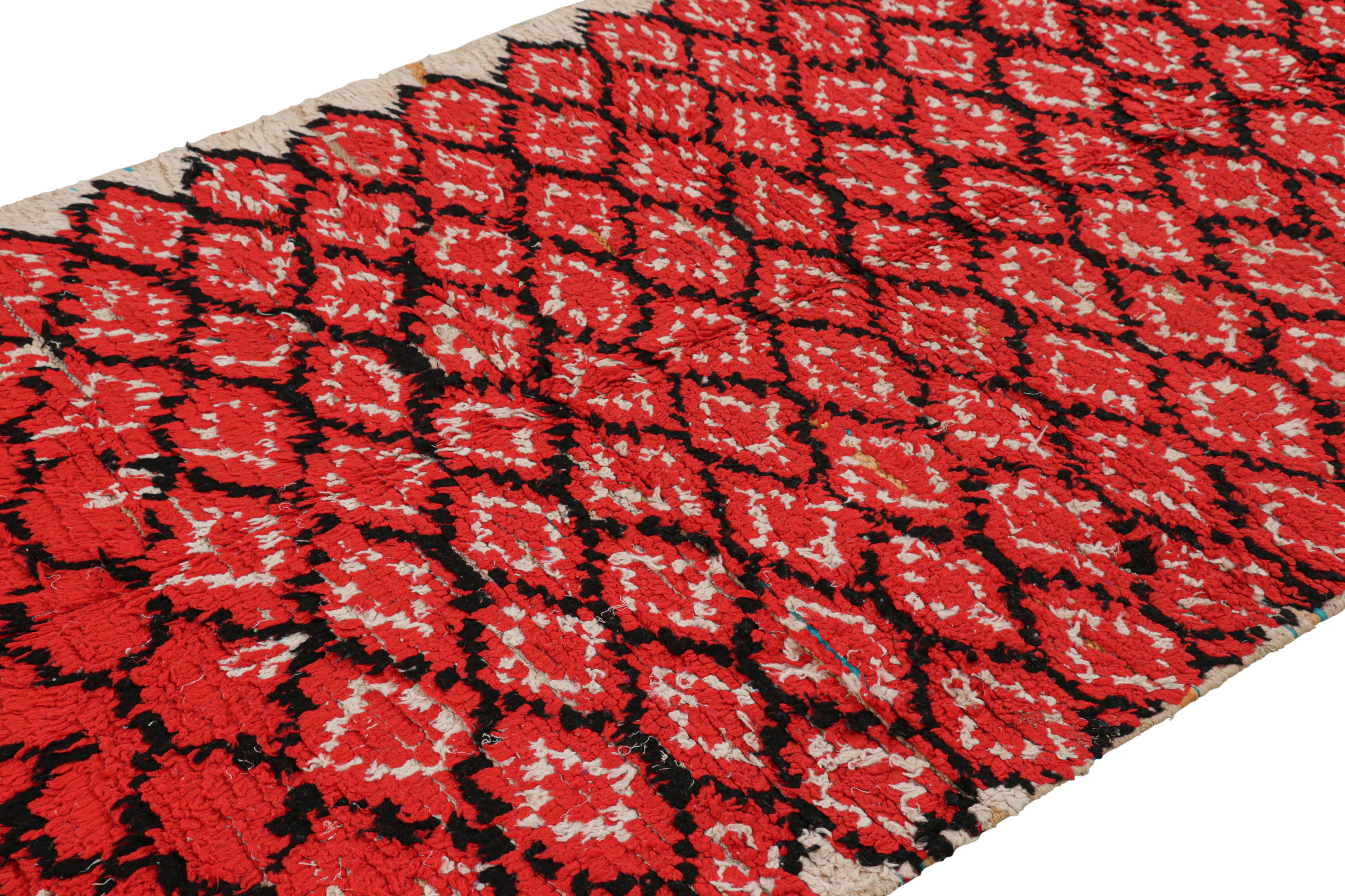 Hand-knotted in wool and originating from Morocco circa 1950-1960, this 4x7 vintage Moroccan rug is an extremely rare piece like so few of its provenance. 

On the Design: 

Admirers of the craft will note what an exceptional find this shabby chic