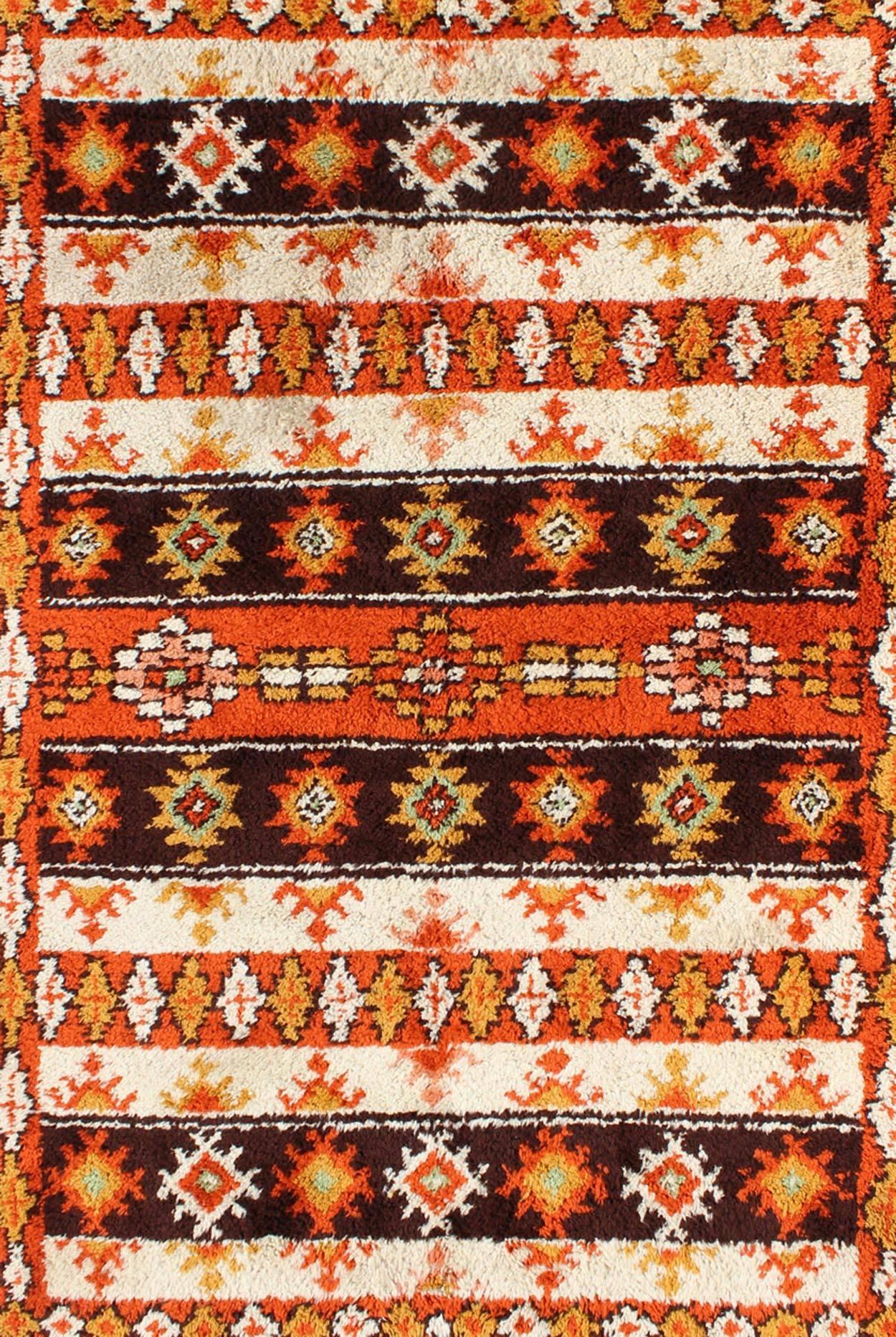 Hand-Knotted Vintage Moroccan Rug with Stripes & Tribal Design in Orange, D. Brown, Ivory For Sale