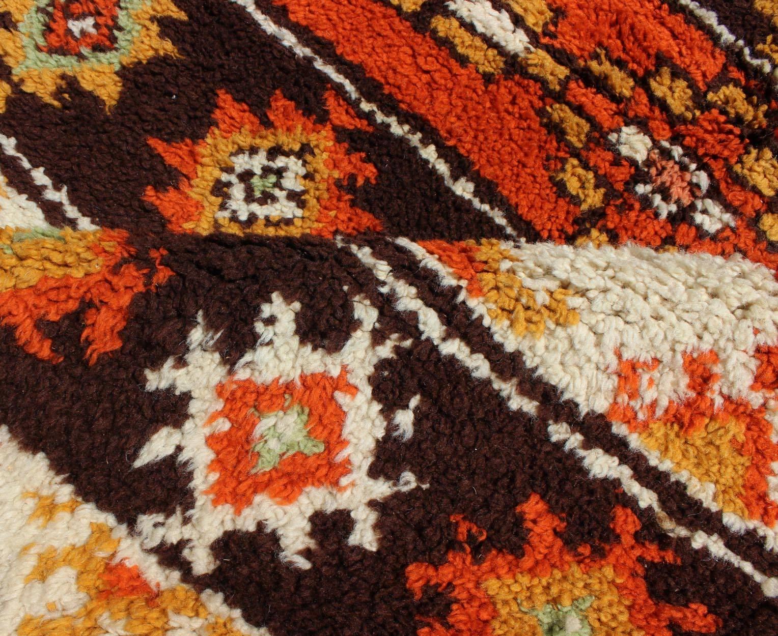 Wool Vintage Moroccan Rug with Stripes & Tribal Design in Orange, D. Brown, Ivory For Sale