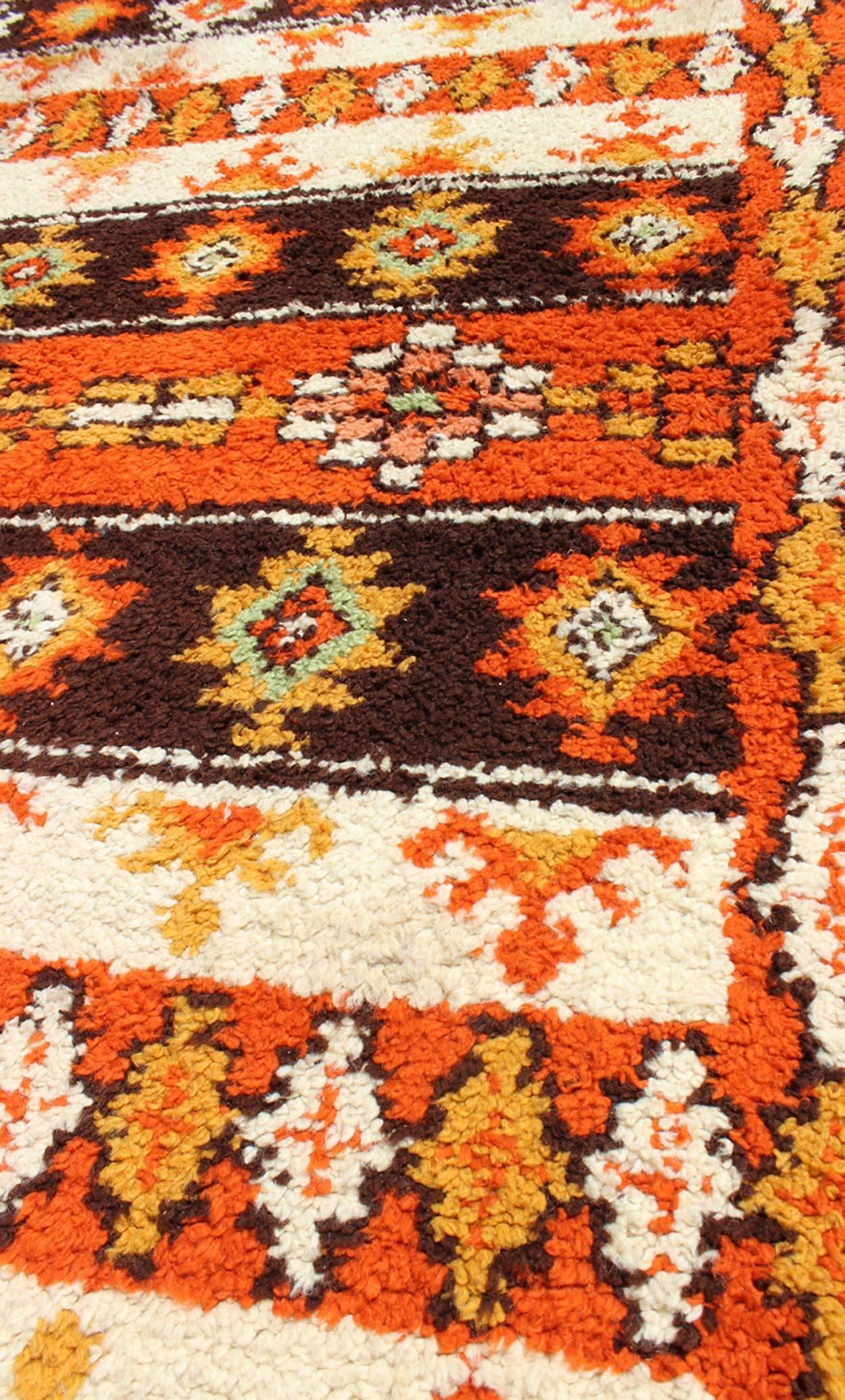 20th Century Vintage Moroccan Rug with Stripes & Tribal Design in Orange, D. Brown, Ivory For Sale