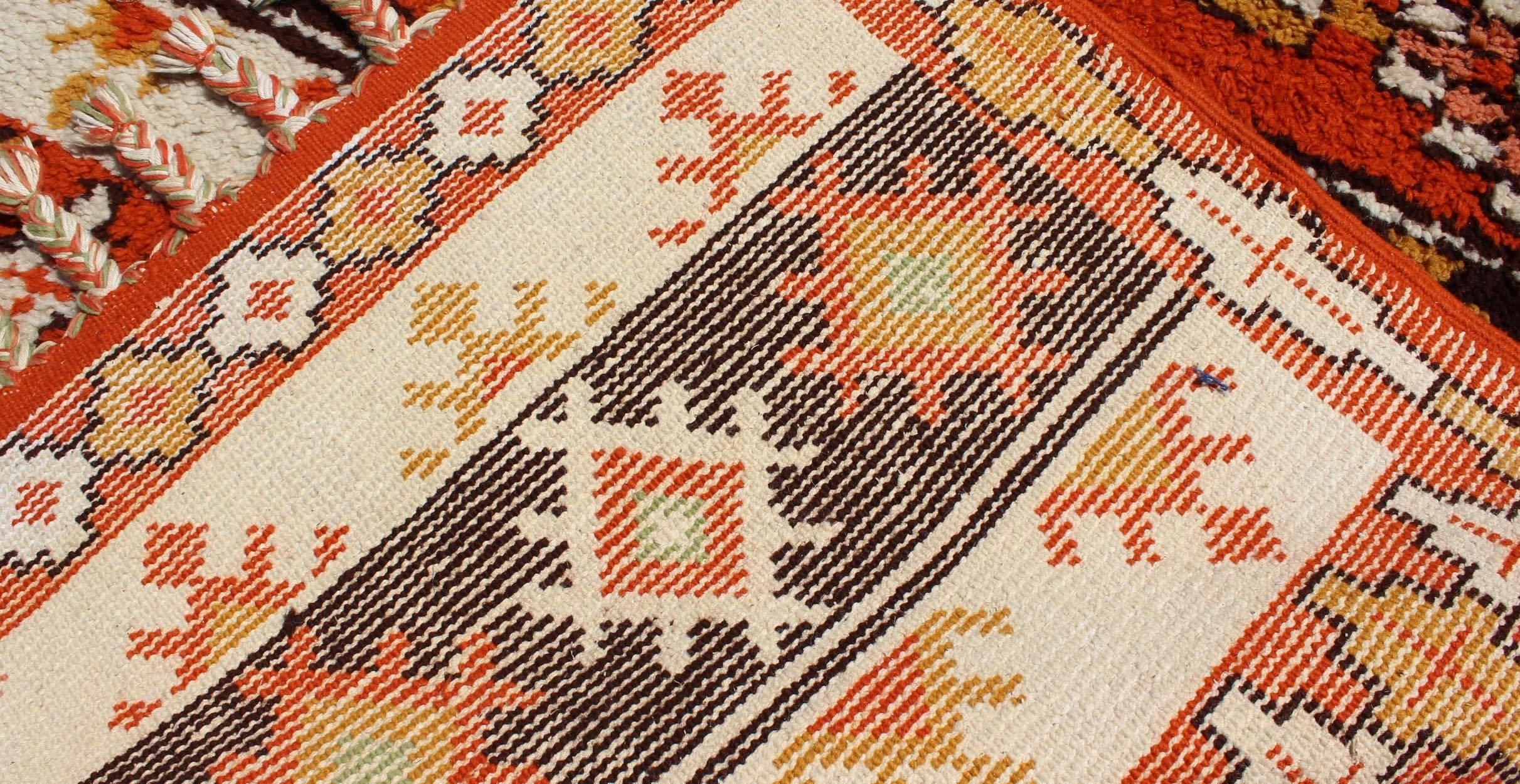 Vintage Moroccan Rug with Stripes & Tribal Design in Orange, D. Brown, Ivory For Sale 1