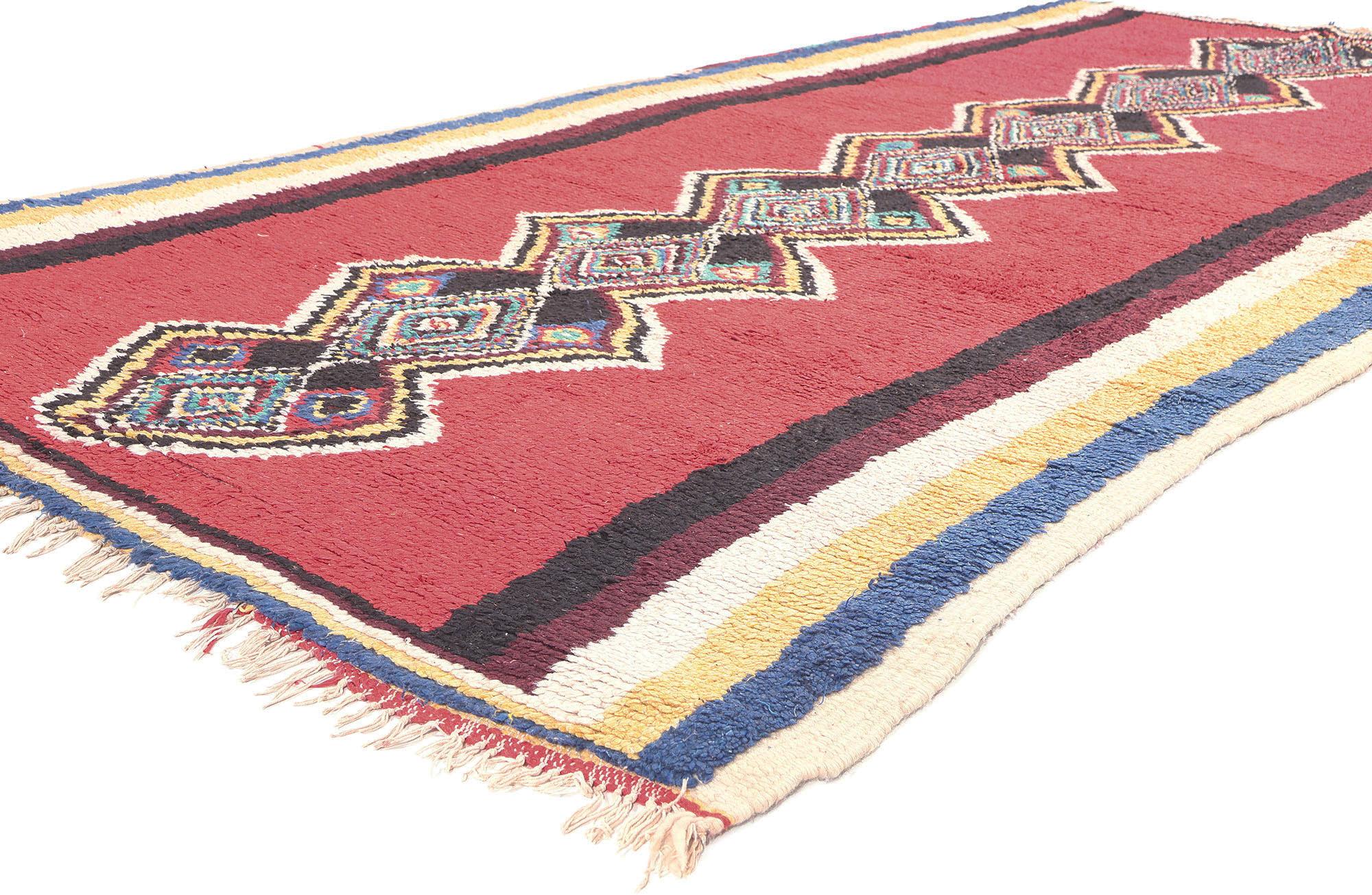 20466 Vintage Red Moroccan Rug, 05'00 x 09'04. Intricately hand-knotted, this hand knotted wool vintage Berber Moroccan rug showcases a timeless design—a single column adorned with eight concentric diamonds, each filled with a series of expanding