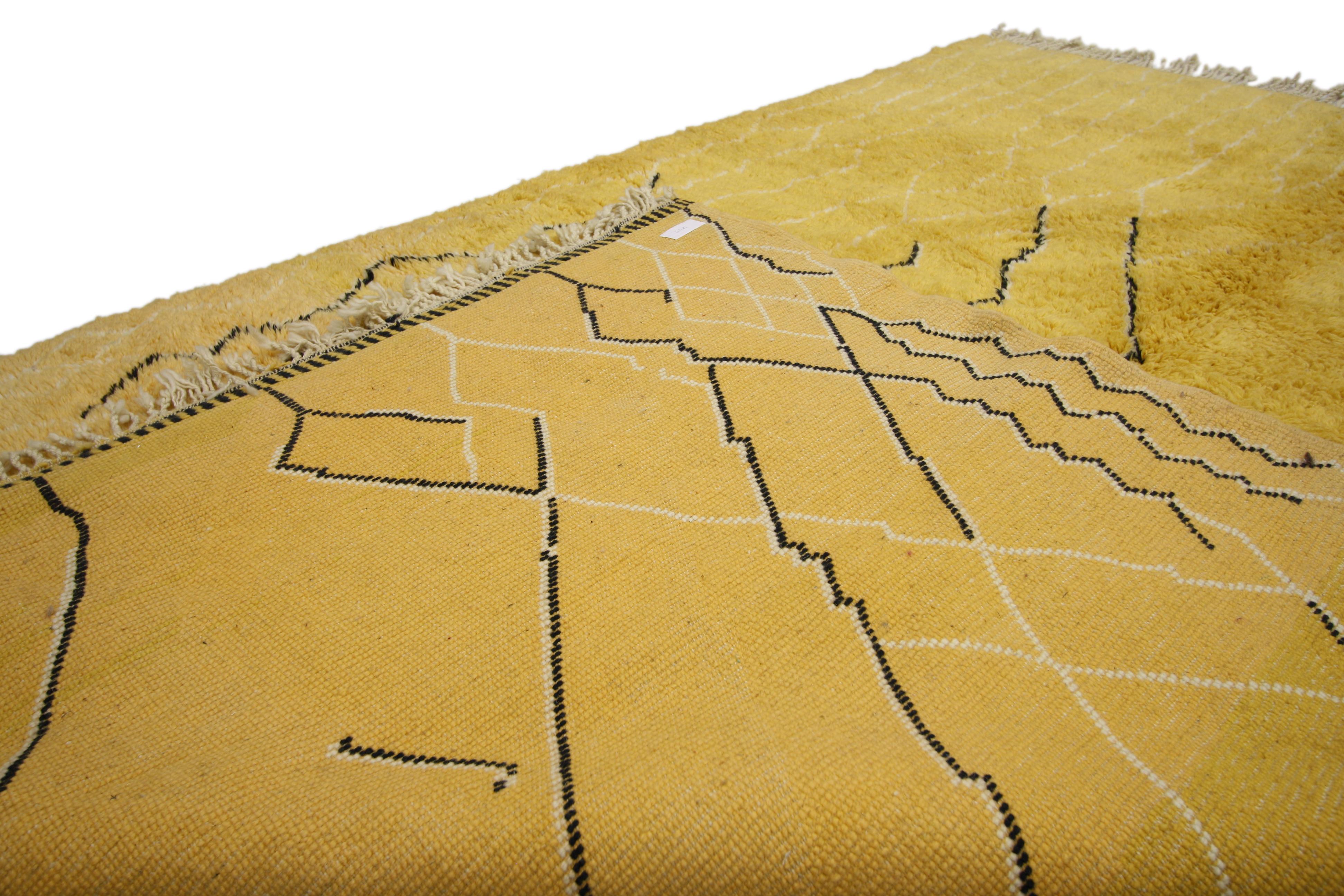 20689, vintage Moroccan rug with tribal style, citrine yellow Berber Moroccan rug. Metamorphic black and white colors run like marbled veins of subterranean rock across the golden yellow surface of this vintage Moroccan rug. Abstract expressionism,