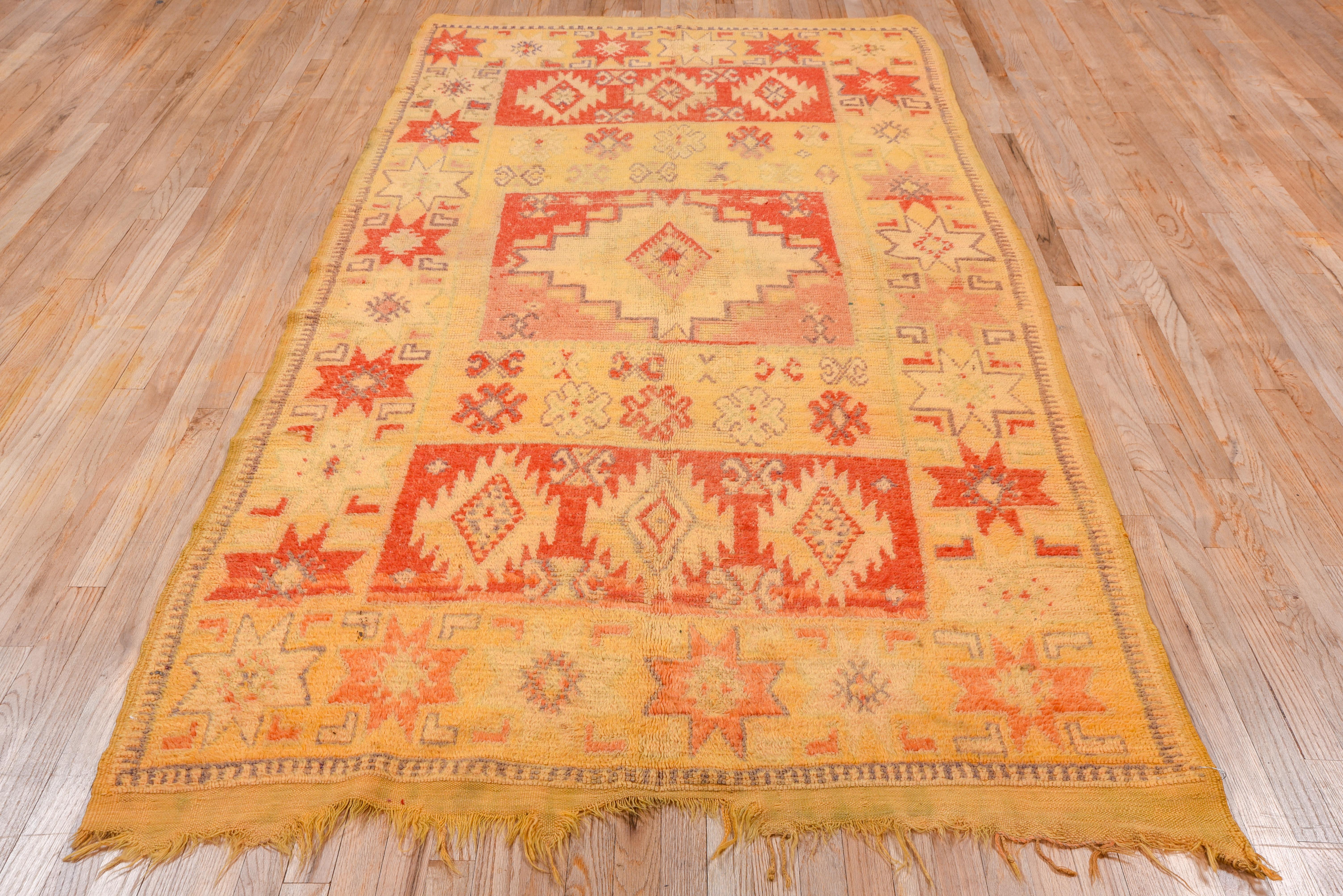 Rustic Vintage Moroccan Rug, Yellow and Red Field, Bright Colors For Sale