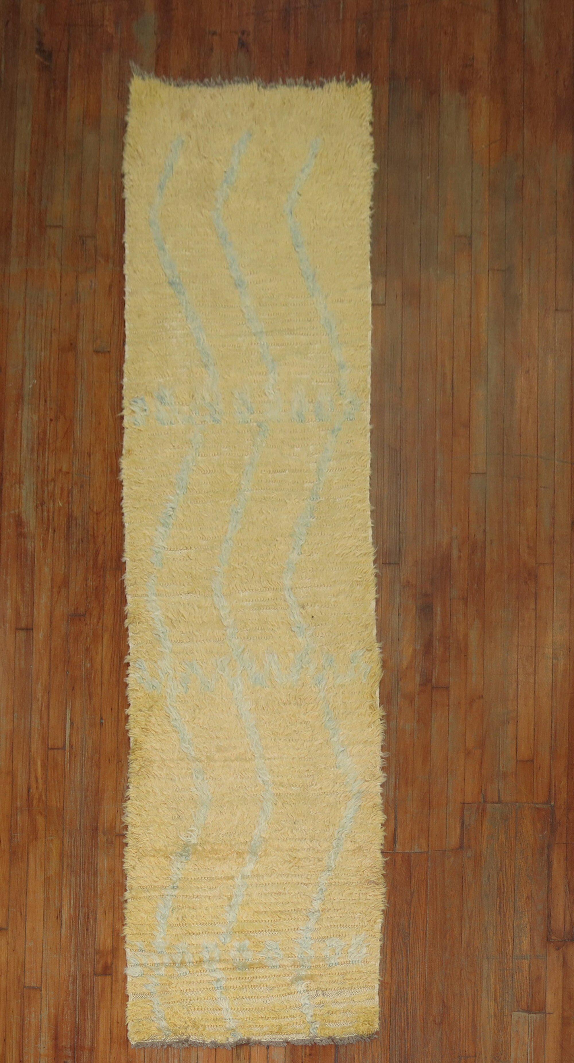 Organic Modern Gold Aqua Blue 20th century Shag Wool Moroccan 10 Foot Runner For Sale