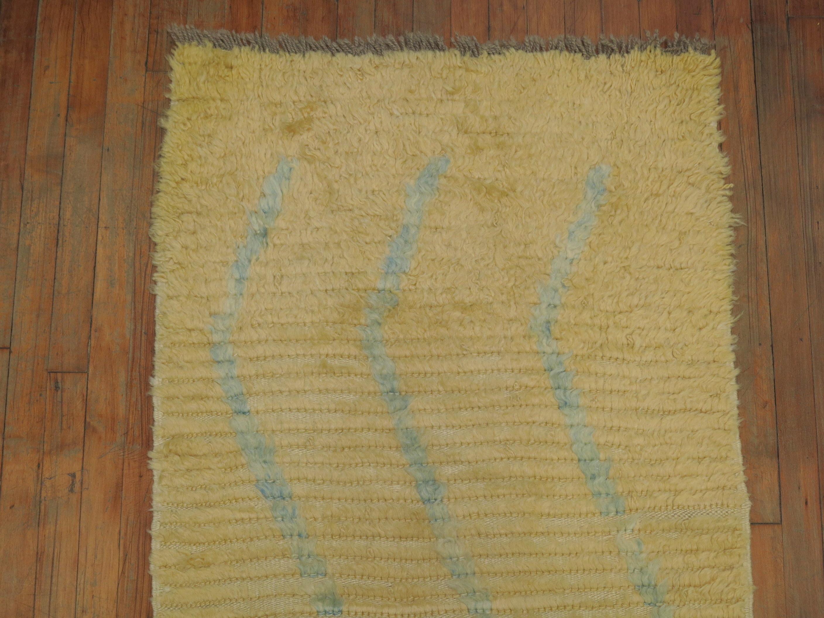 Gold Aqua Blue 20th century Shag Wool Moroccan 10 Foot Runner In Excellent Condition For Sale In New York, NY