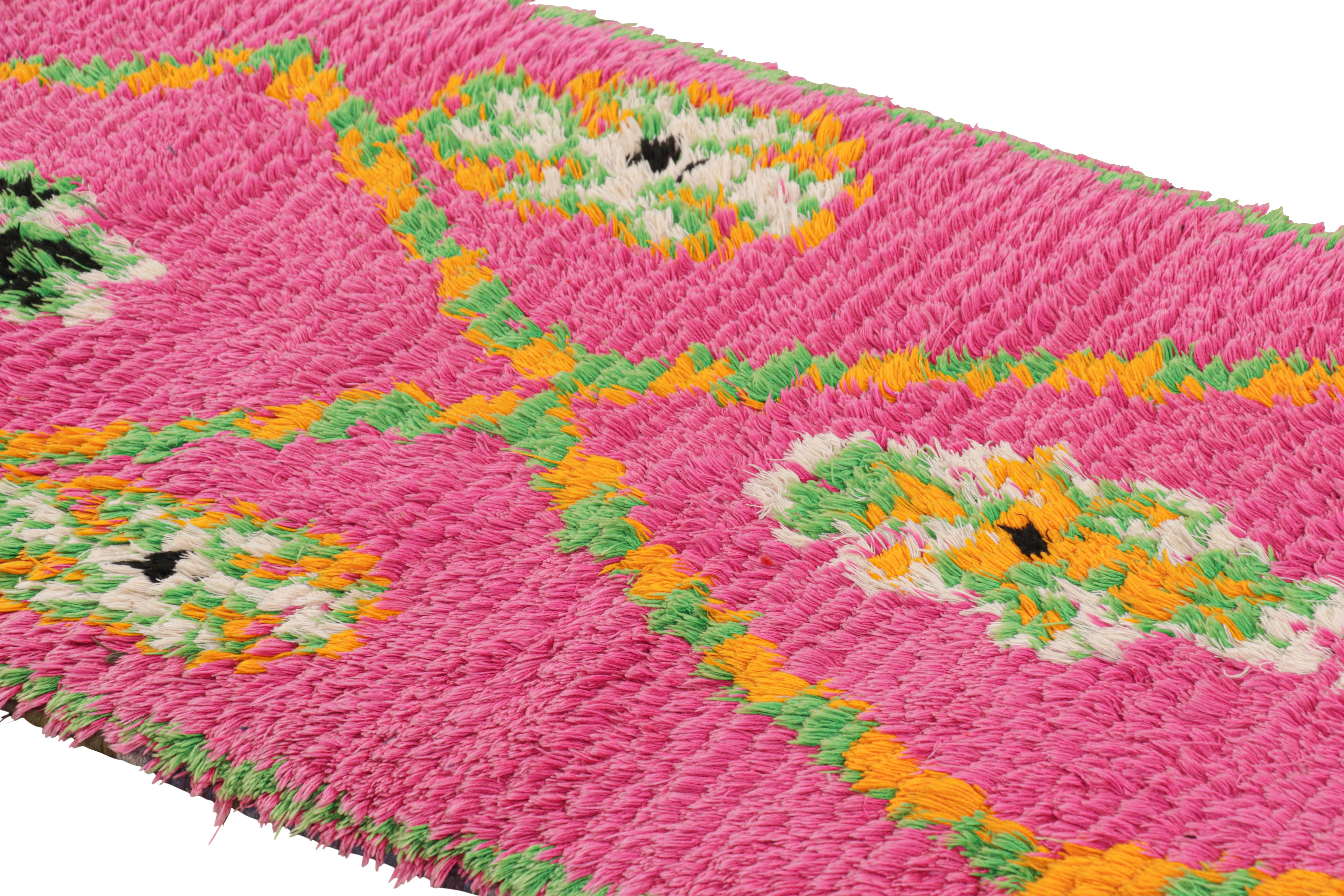 Hand-Knotted Vintage Moroccan Runner in Pink with Green and Gold Diamonds, from Rug & Kilim For Sale