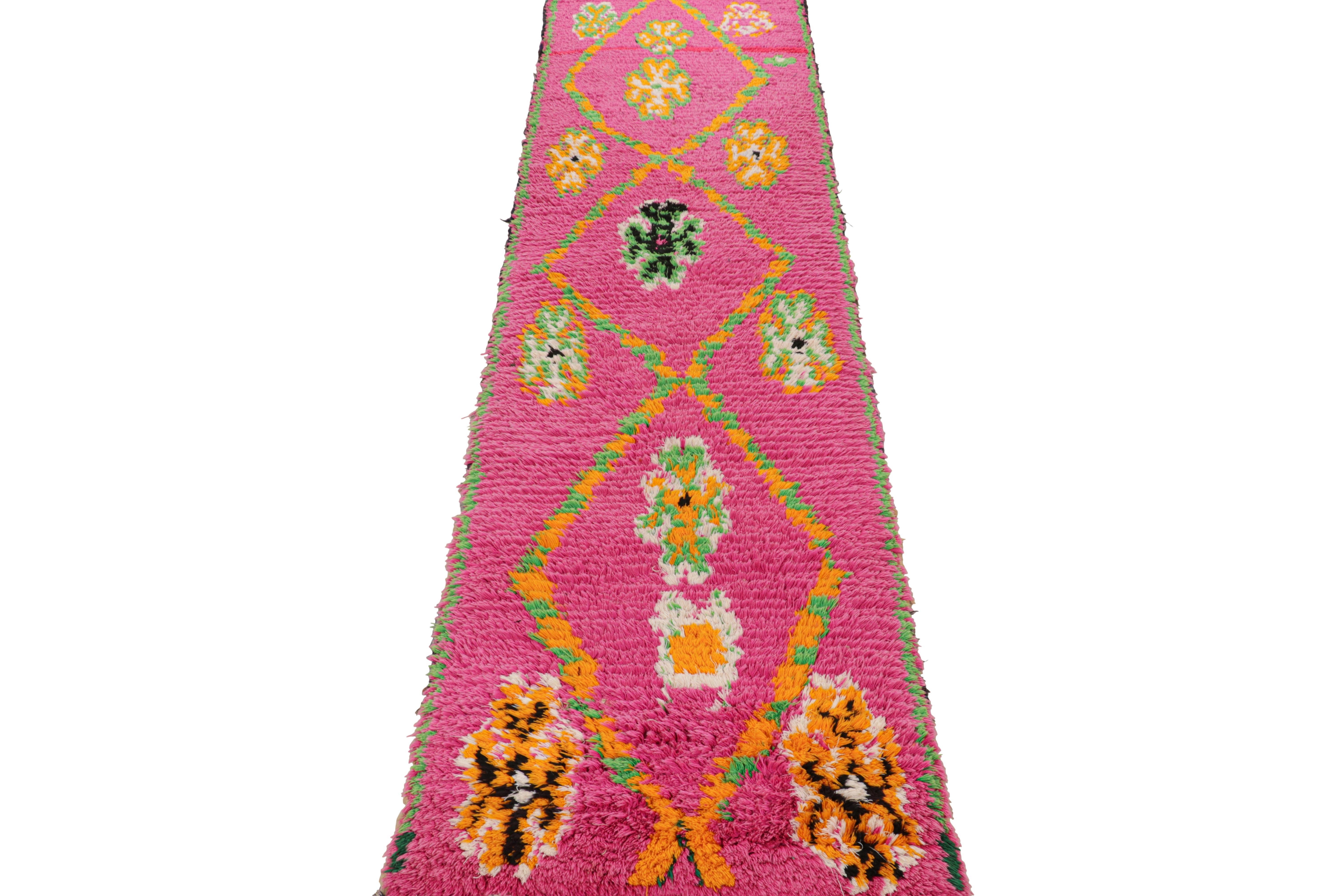 Mid-20th Century Vintage Moroccan Runner in Pink with Green and Gold Diamonds, from Rug & Kilim For Sale