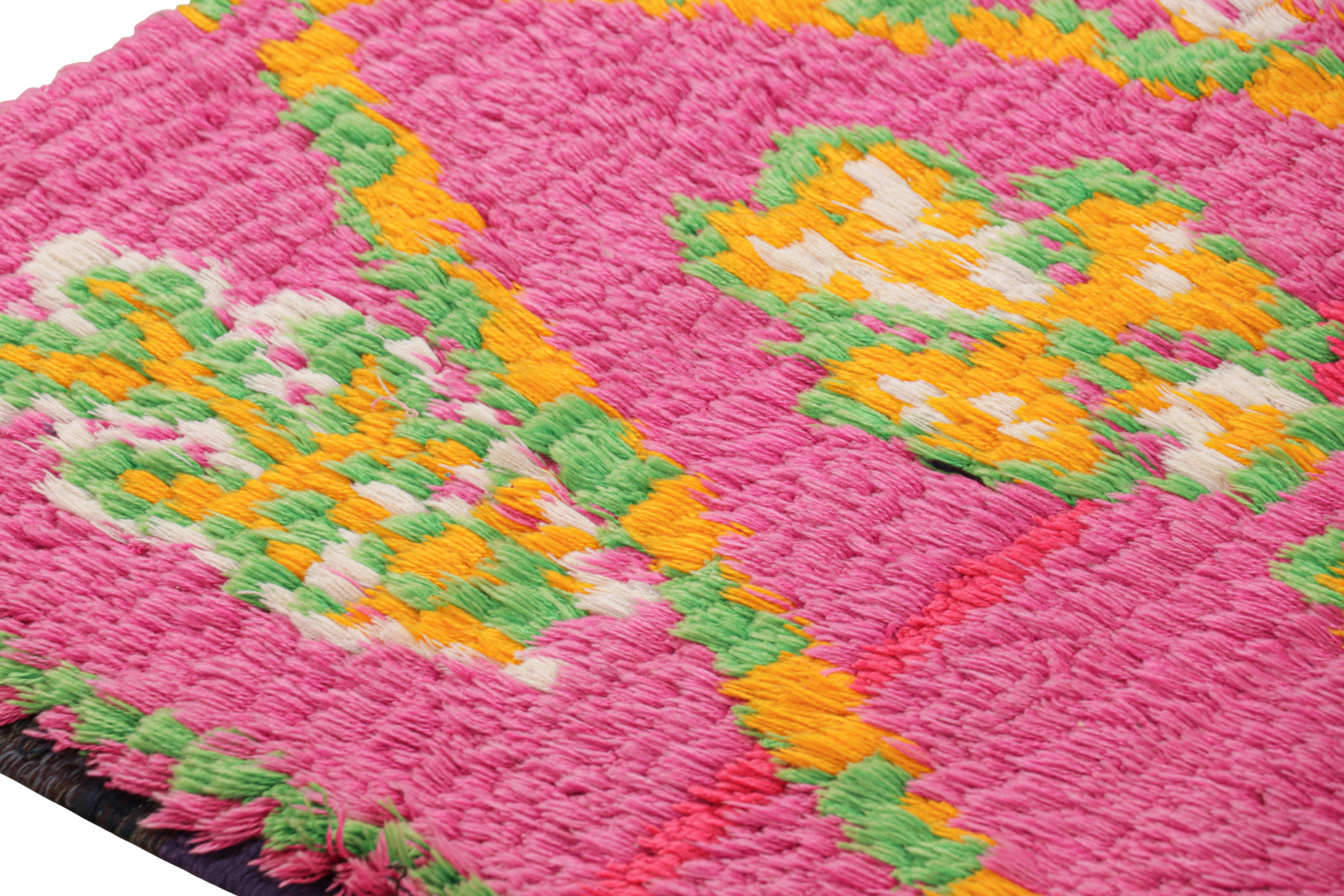 Wool Vintage Moroccan Runner in Pink with Green and Gold Diamonds, from Rug & Kilim For Sale
