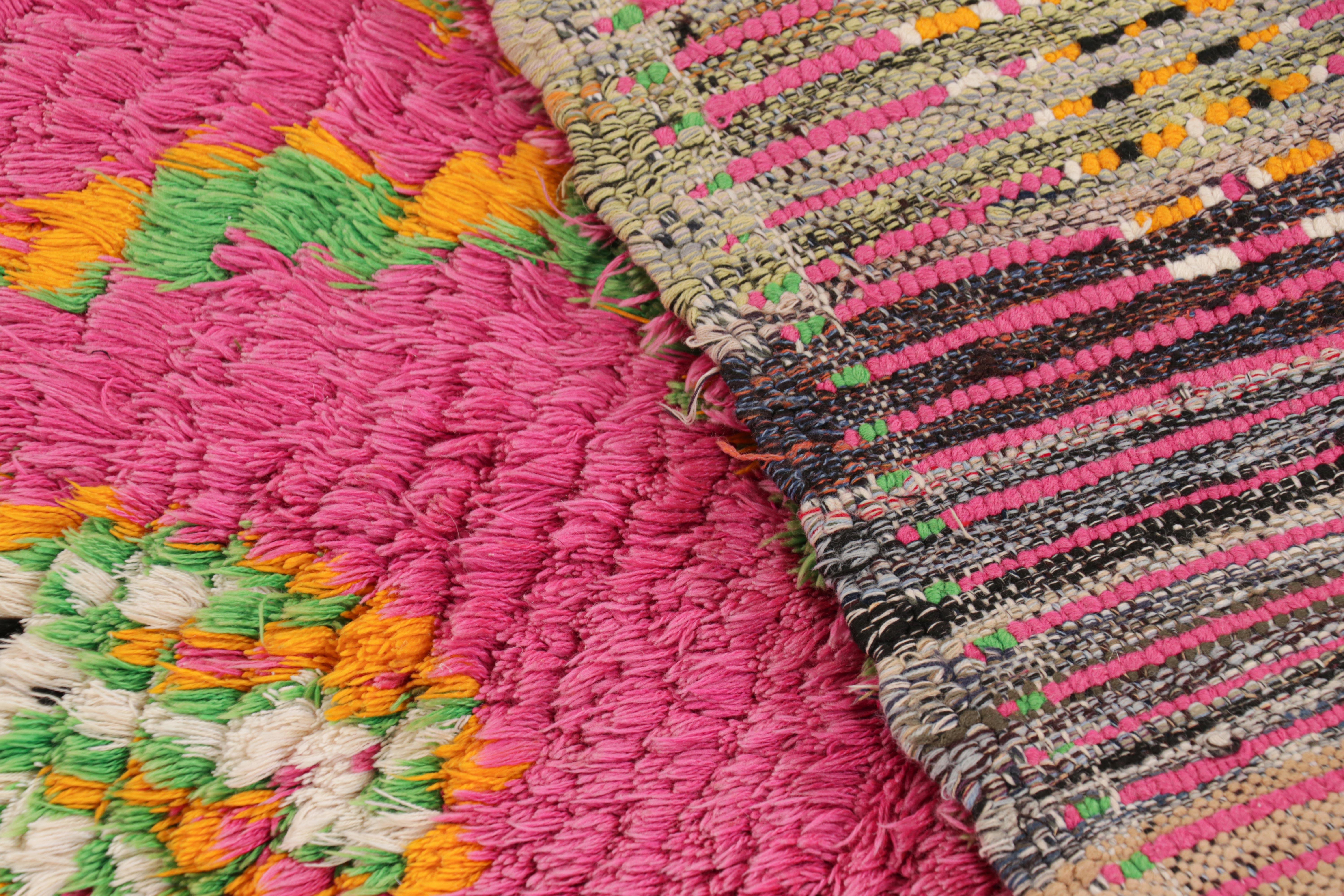Vintage Moroccan Runner in Pink with Green and Gold Diamonds, from Rug & Kilim For Sale 1
