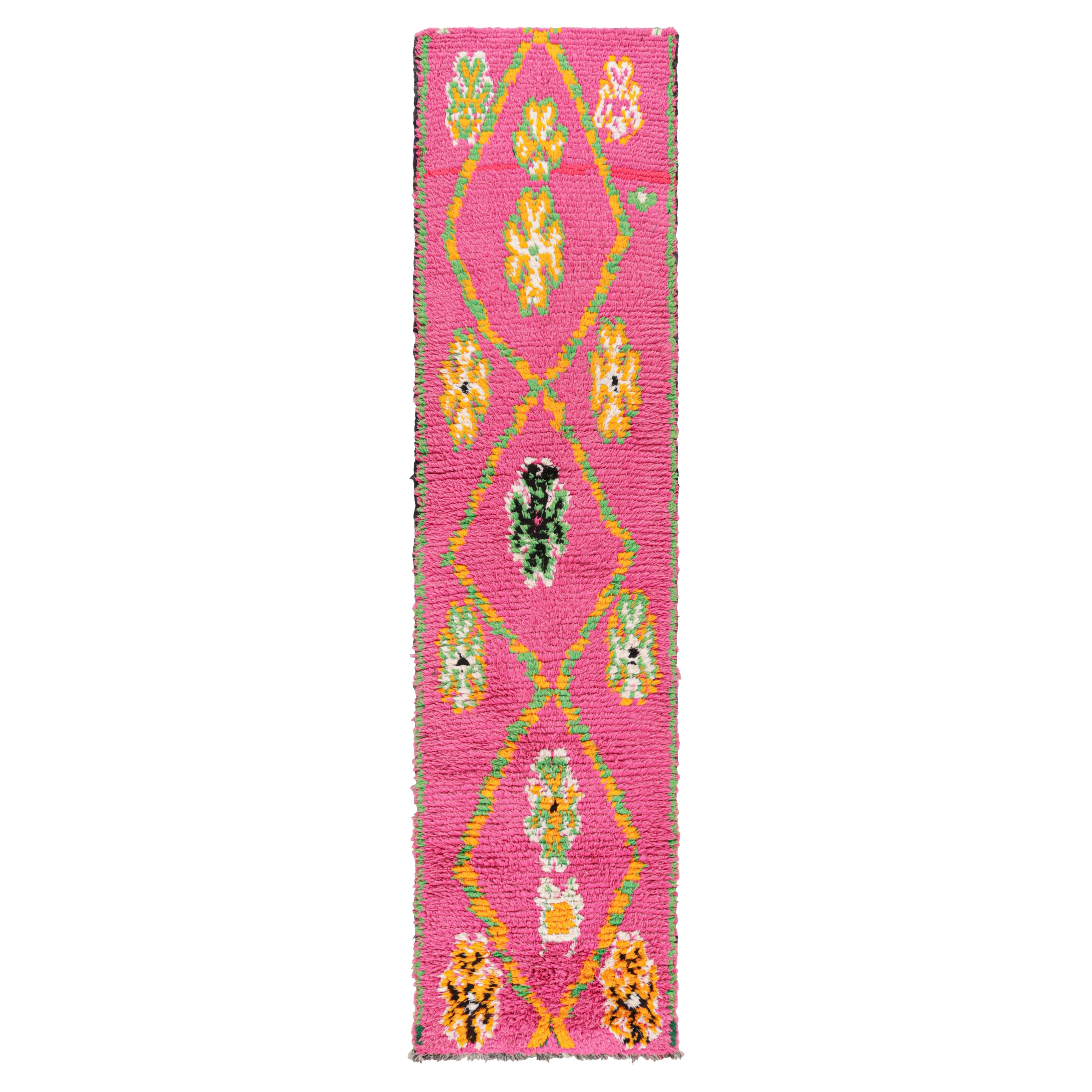 Vintage Moroccan Runner in Pink with Green and Gold Diamonds, from Rug & Kilim For Sale