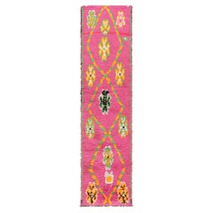 Vintage Moroccan Runner in Pink with Green and Gold Diamonds, from Rug & Kilim