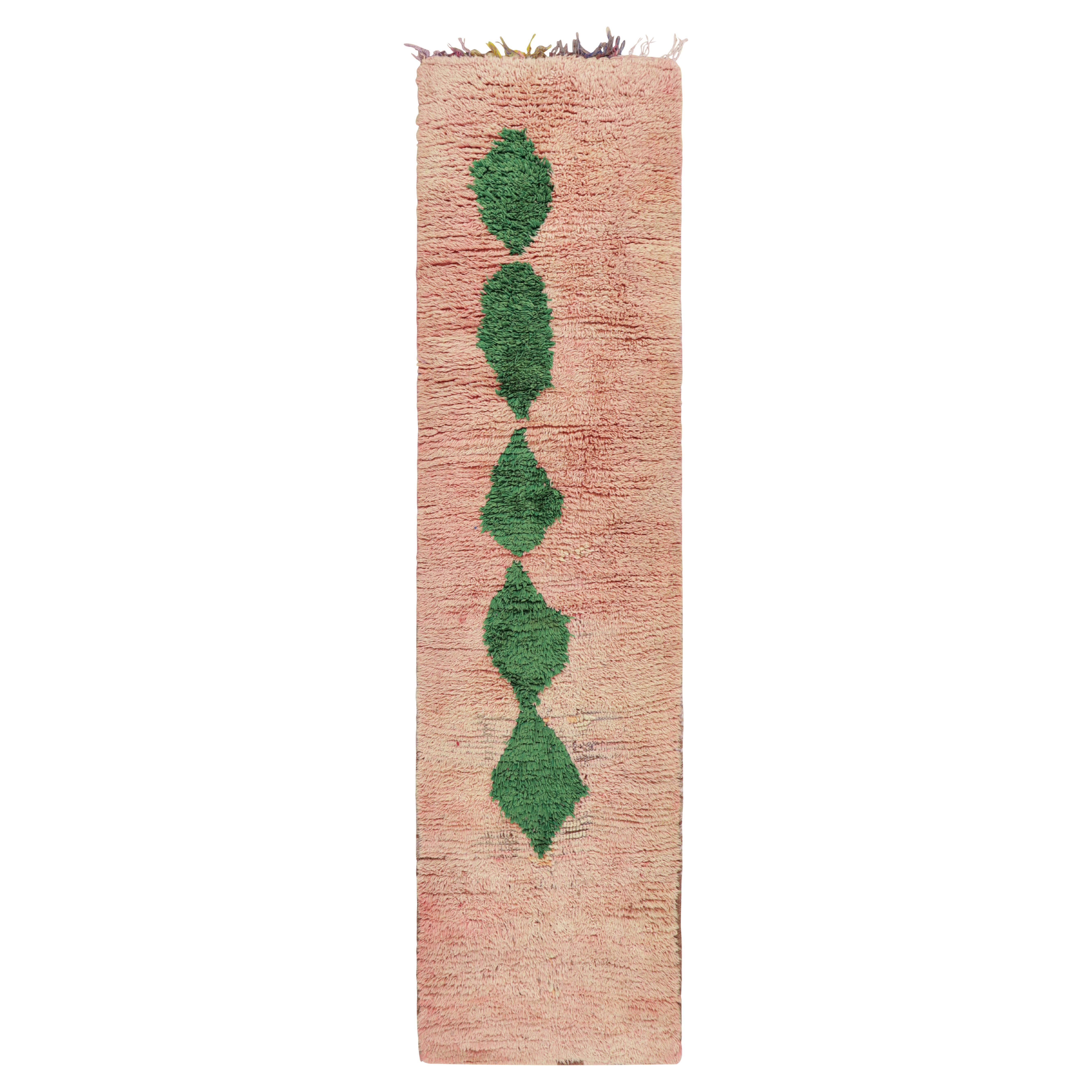 Vintage Moroccan Runner in Pink with Green Lozenge Motifs,  from Rug & Kilim
