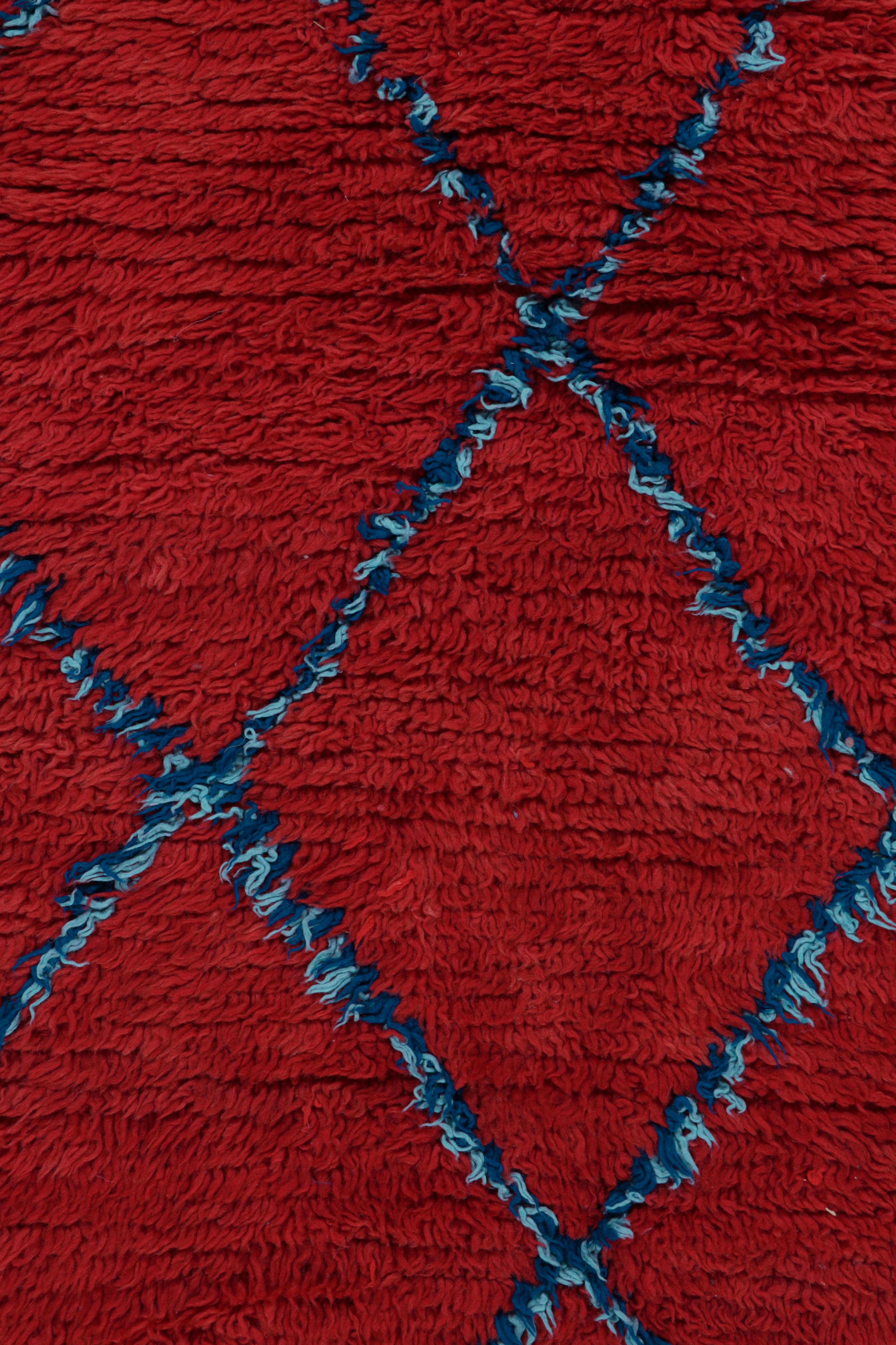 Hand-Knotted Vintage Moroccan Runner in Red with Blue Diamond Medallions, from Rug & Kilim For Sale