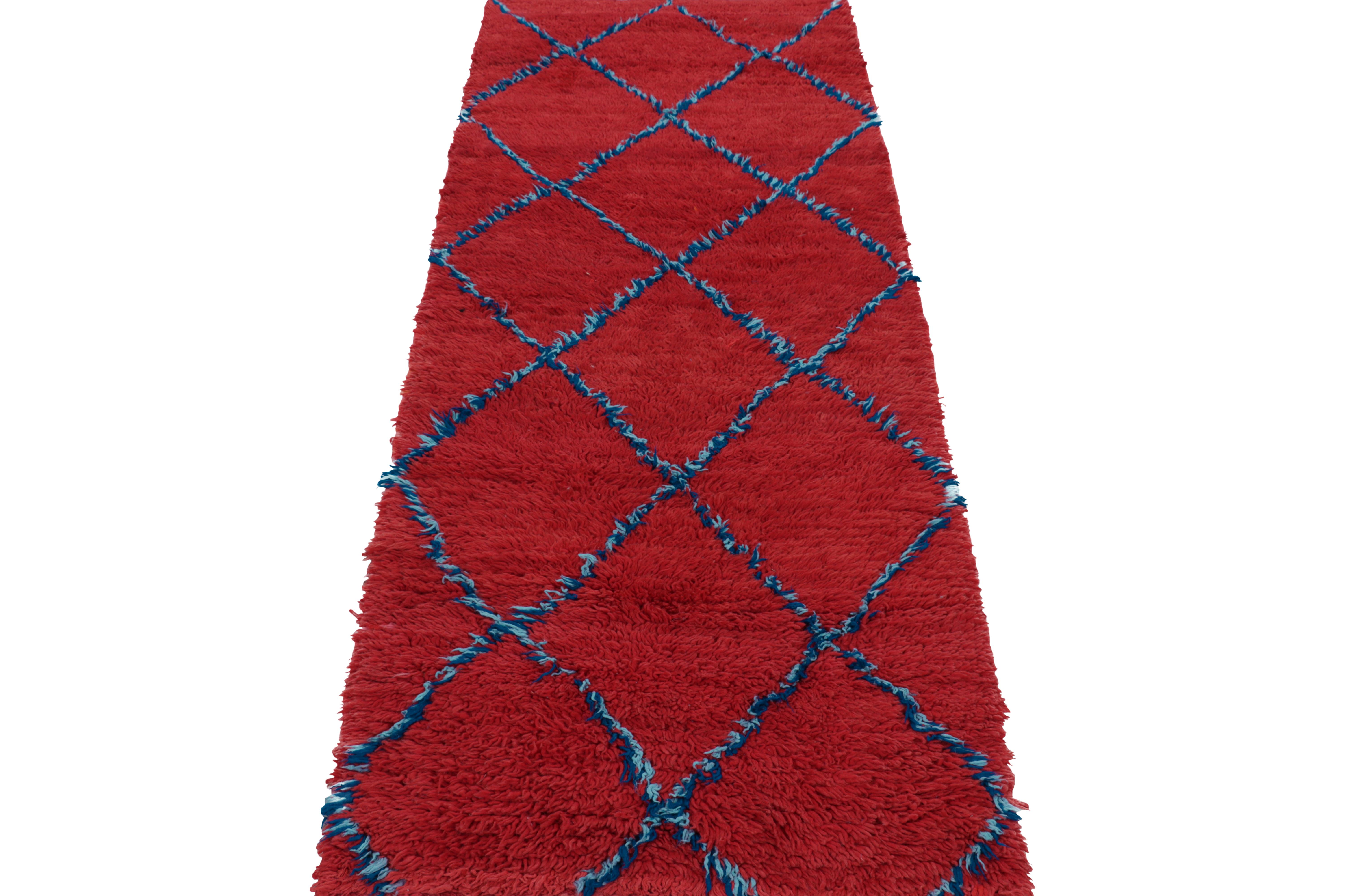 Vintage Moroccan Runner in Red with Blue Diamond Medallions, from Rug & Kilim In Good Condition For Sale In Long Island City, NY