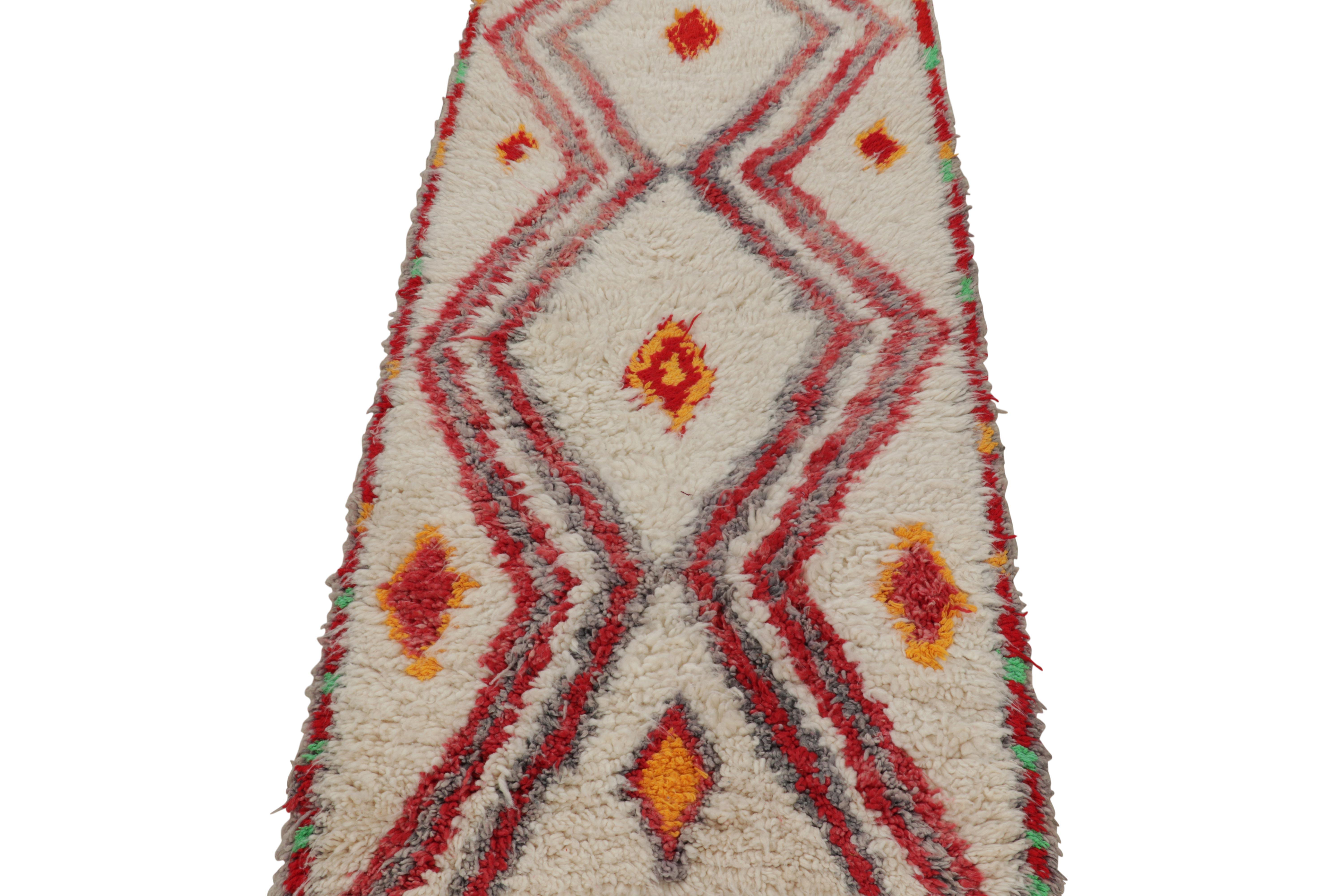 Mid-20th Century Vintage Moroccan Runner in White with Red Geometric Patterns, from Rug & Kilim For Sale