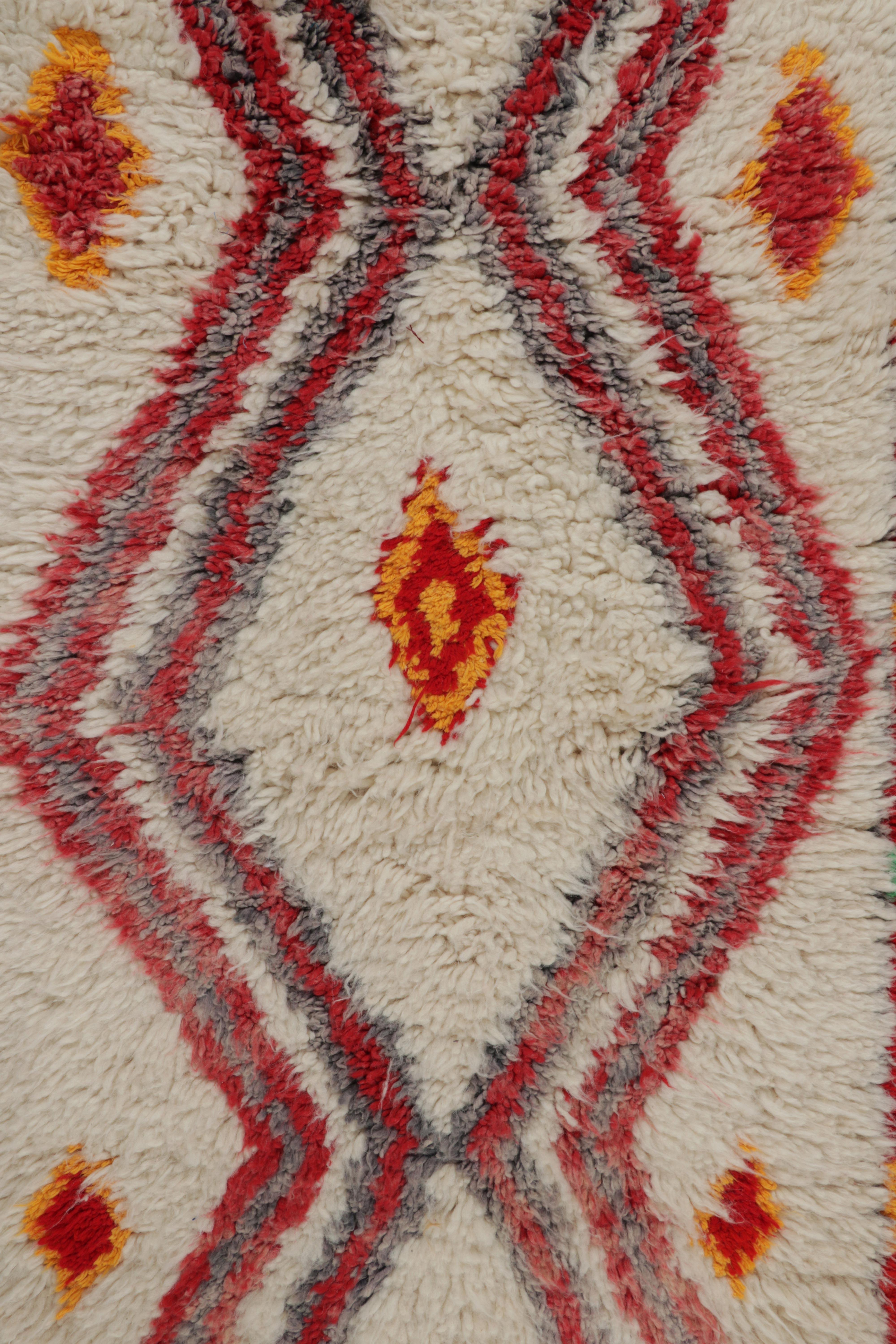 Wool Vintage Moroccan Runner in White with Red Geometric Patterns, from Rug & Kilim For Sale