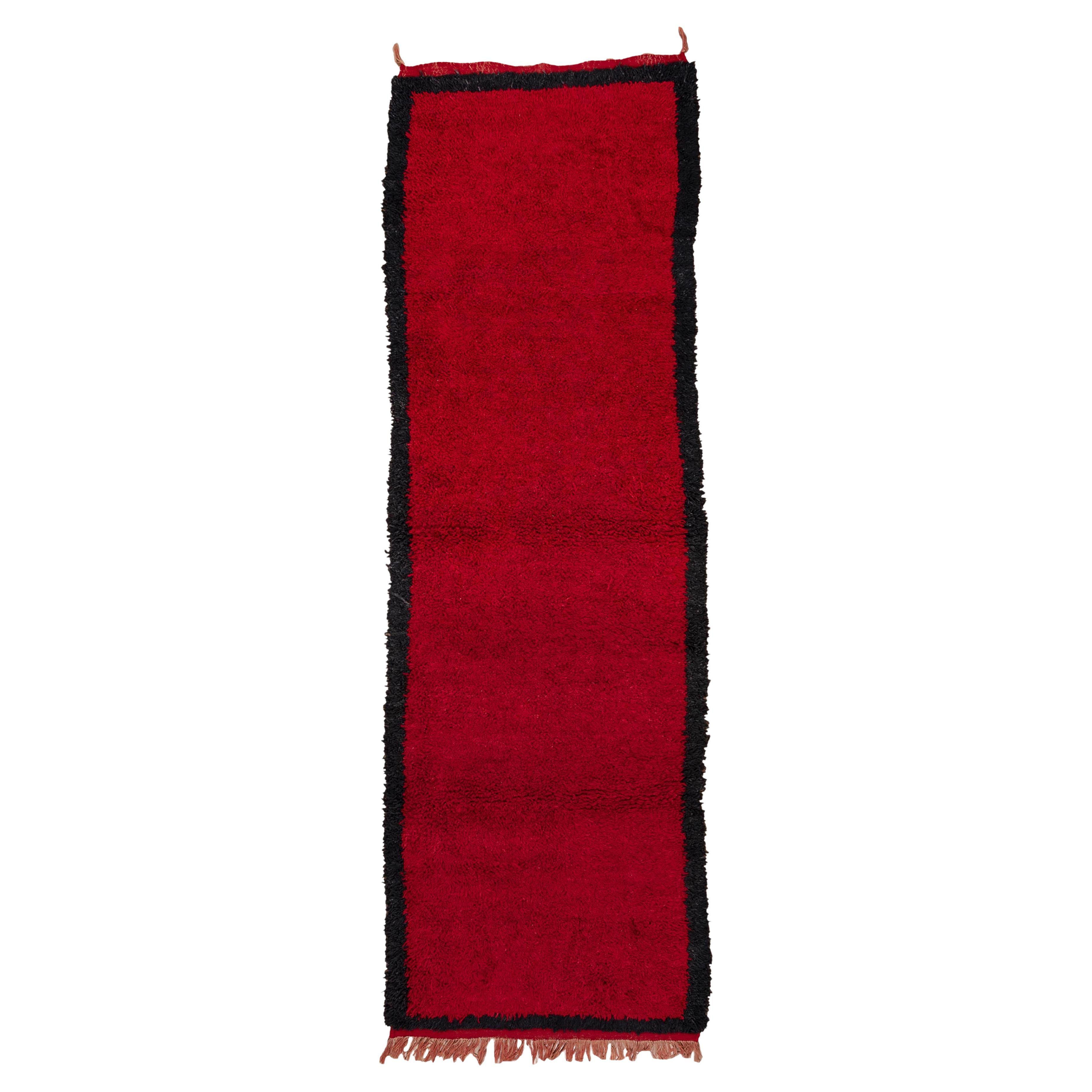 Vintage Moroccan Runner Red Wool with Black Border in Graphic Minimalist Style