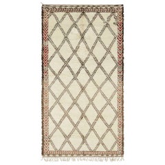 Vintage Moroccan Runner Rug, Cream & Brown with Diamond Patterns - Rug & Kilim