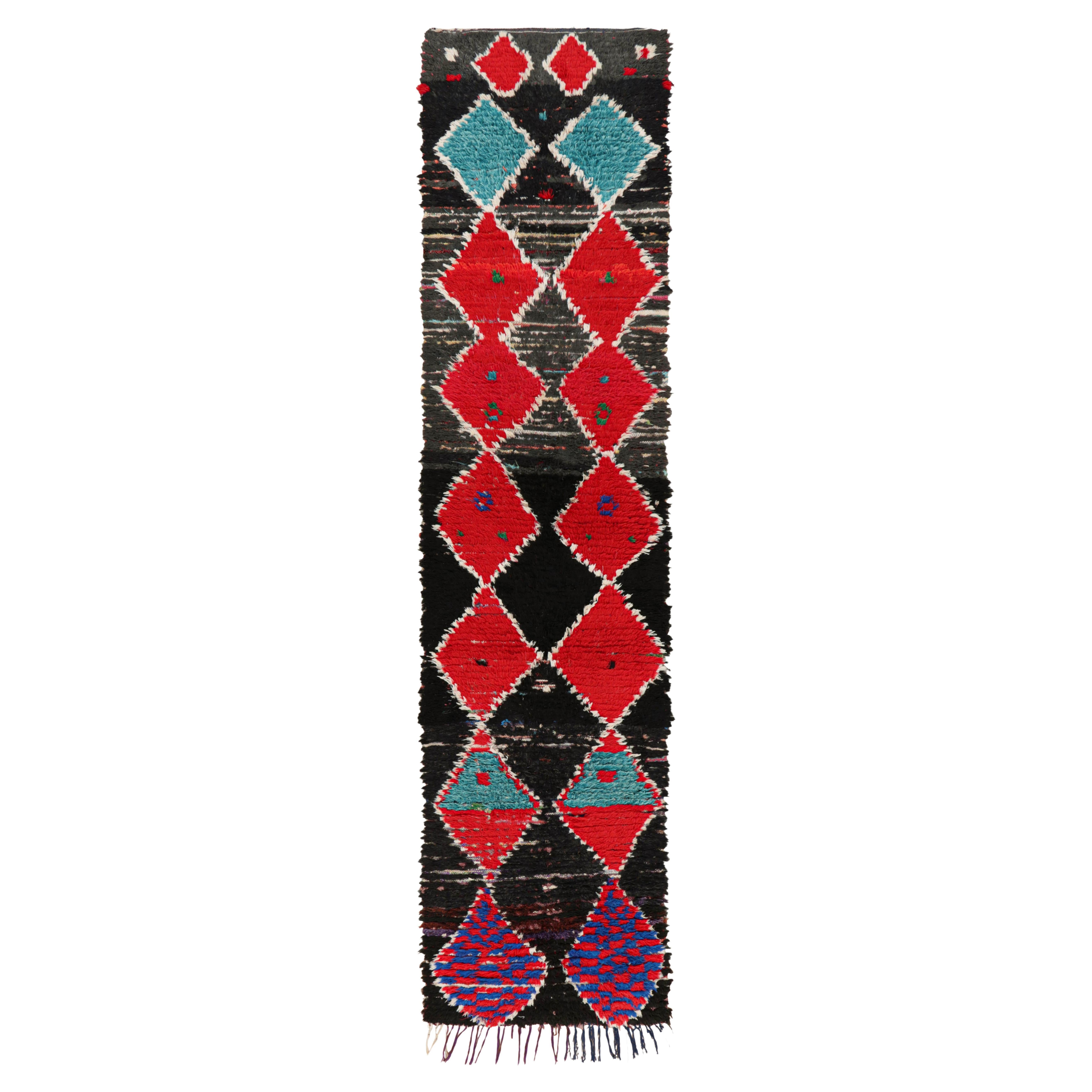 Vintage Moroccan Runner Rug in Black with Red and Blue Diamonds Rug & Kilim