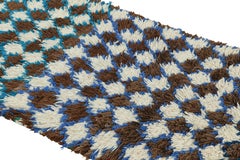 Vintage Moroccan Runner Rug in Brown, White & Blue Diamond Pattern  Rug & Kilim