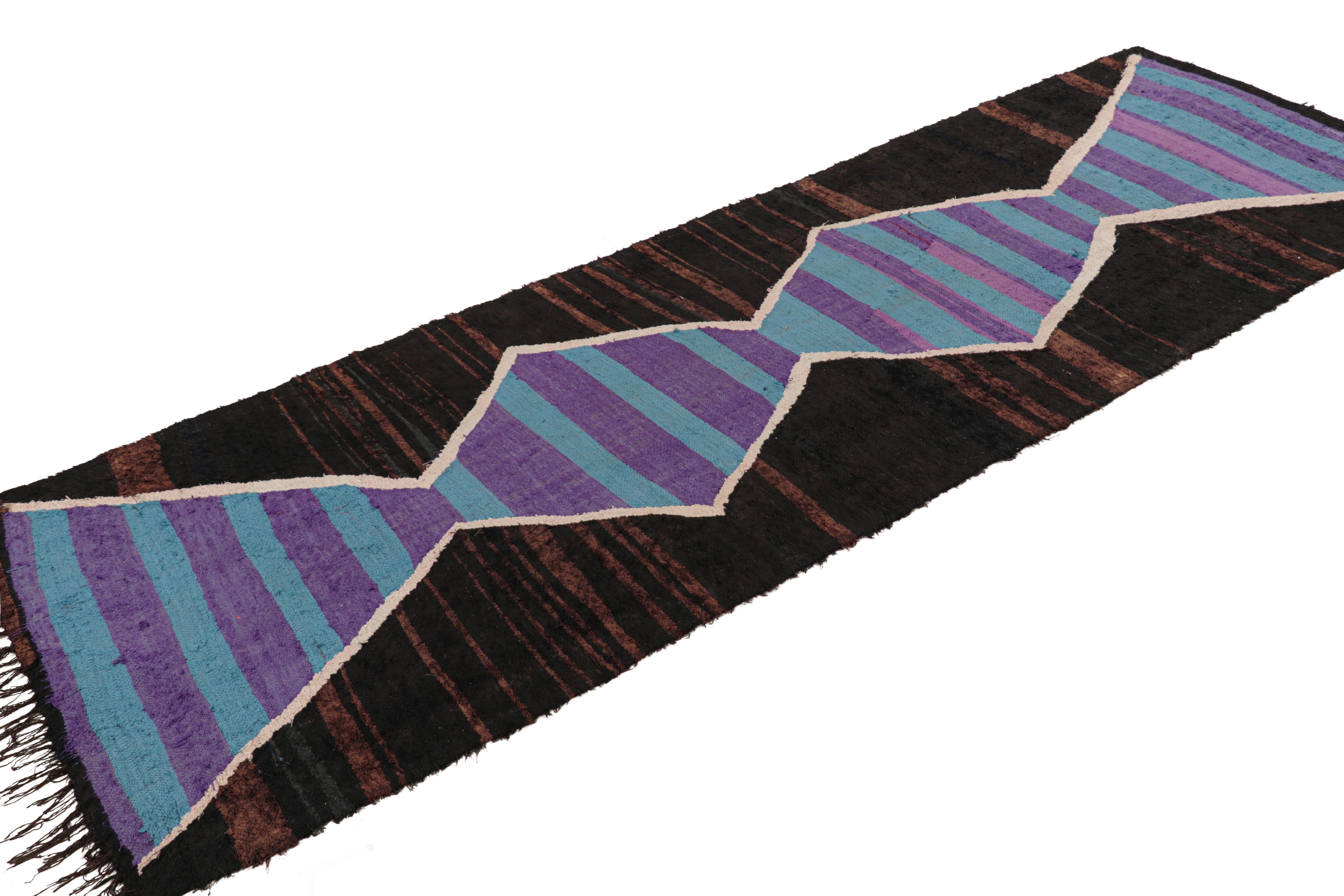 Mid-20th Century Vintage Moroccan Runner Rug in Brown with Lozenges and Stripes  Rug & Kilim For Sale