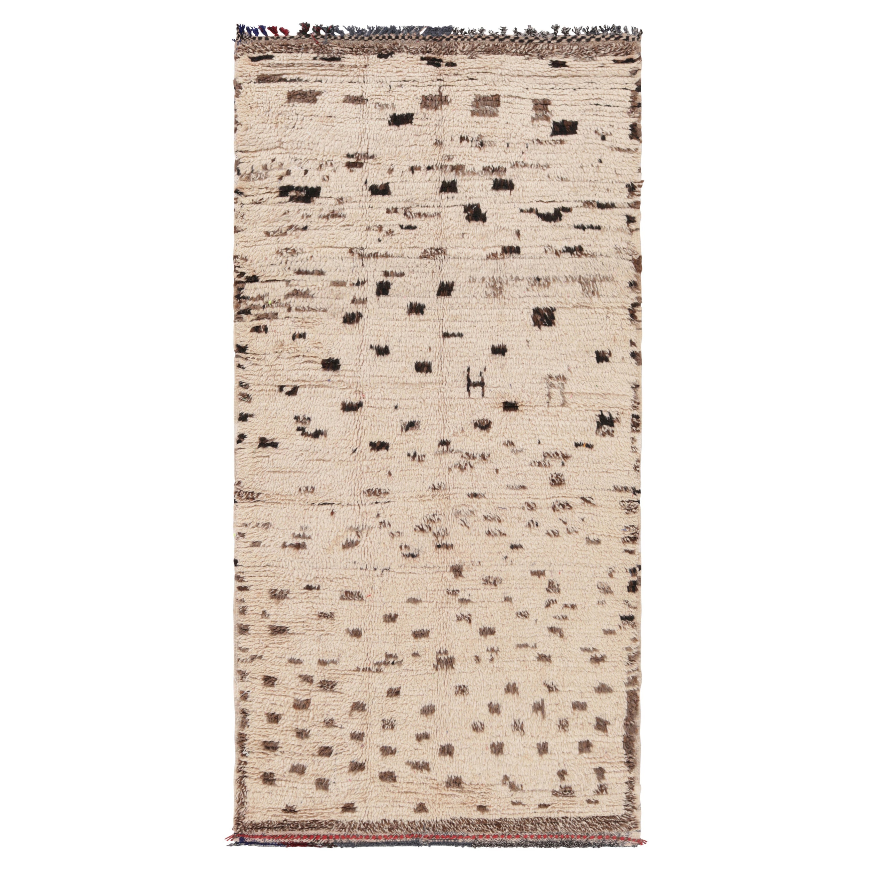 Vintage Moroccan Runner Rug in Cream with Brown Geometric Patterns - Rug & Kilim