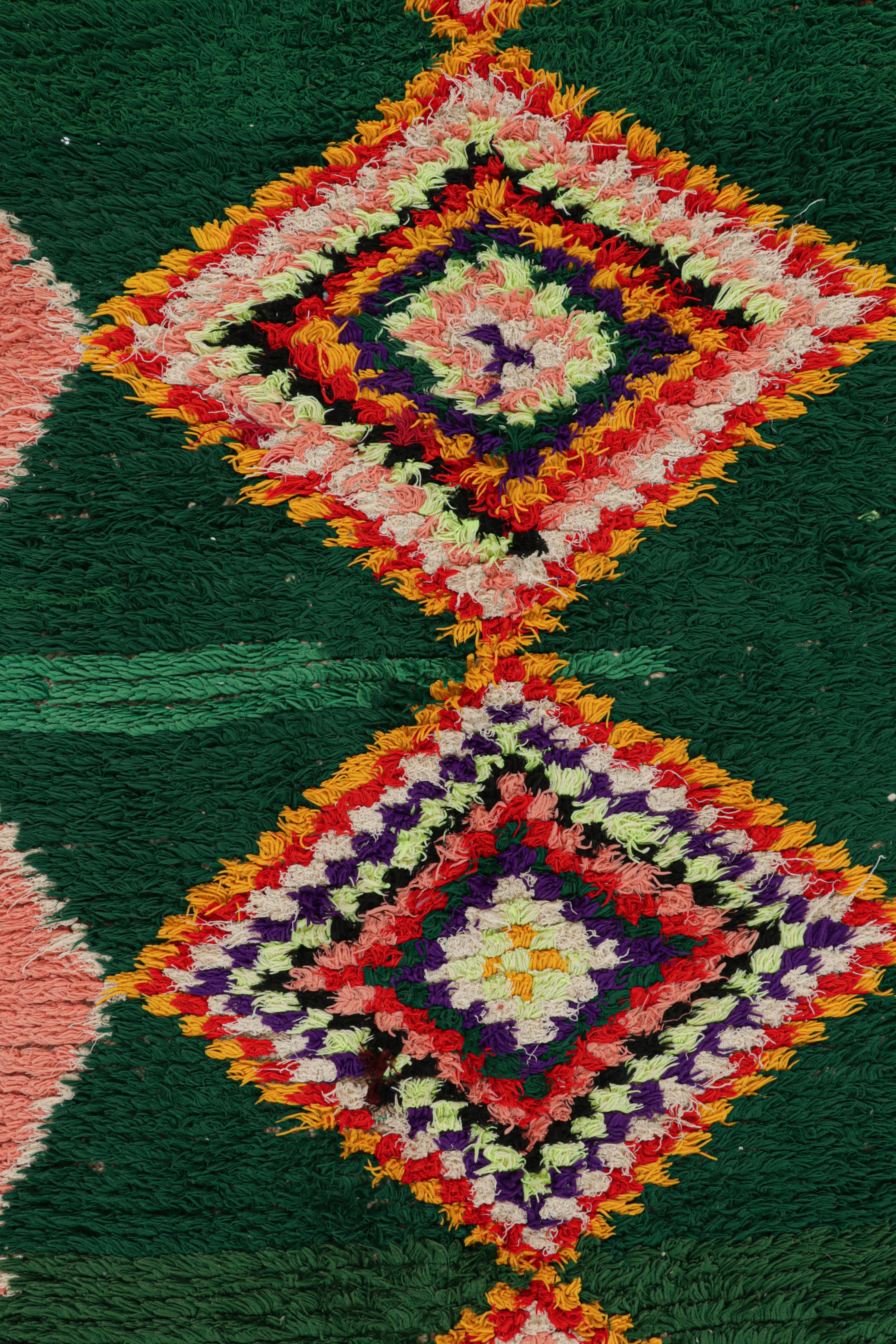 Hand-Knotted Vintage Moroccan Runner Rug in Forest Green with Pink Medallions  Rug & Kilim For Sale