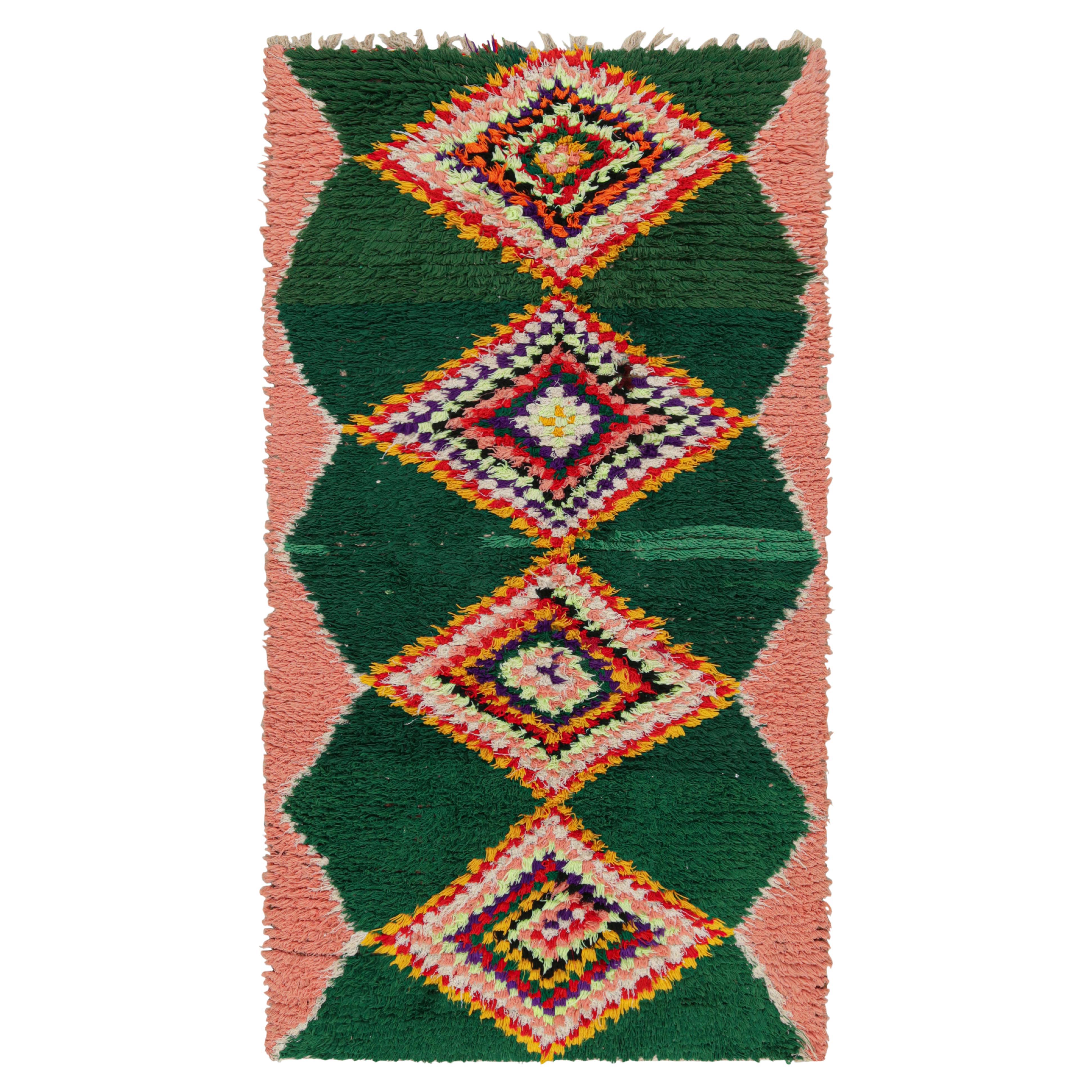 Vintage Moroccan Runner Rug in Forest Green with Pink Medallions  Rug & Kilim