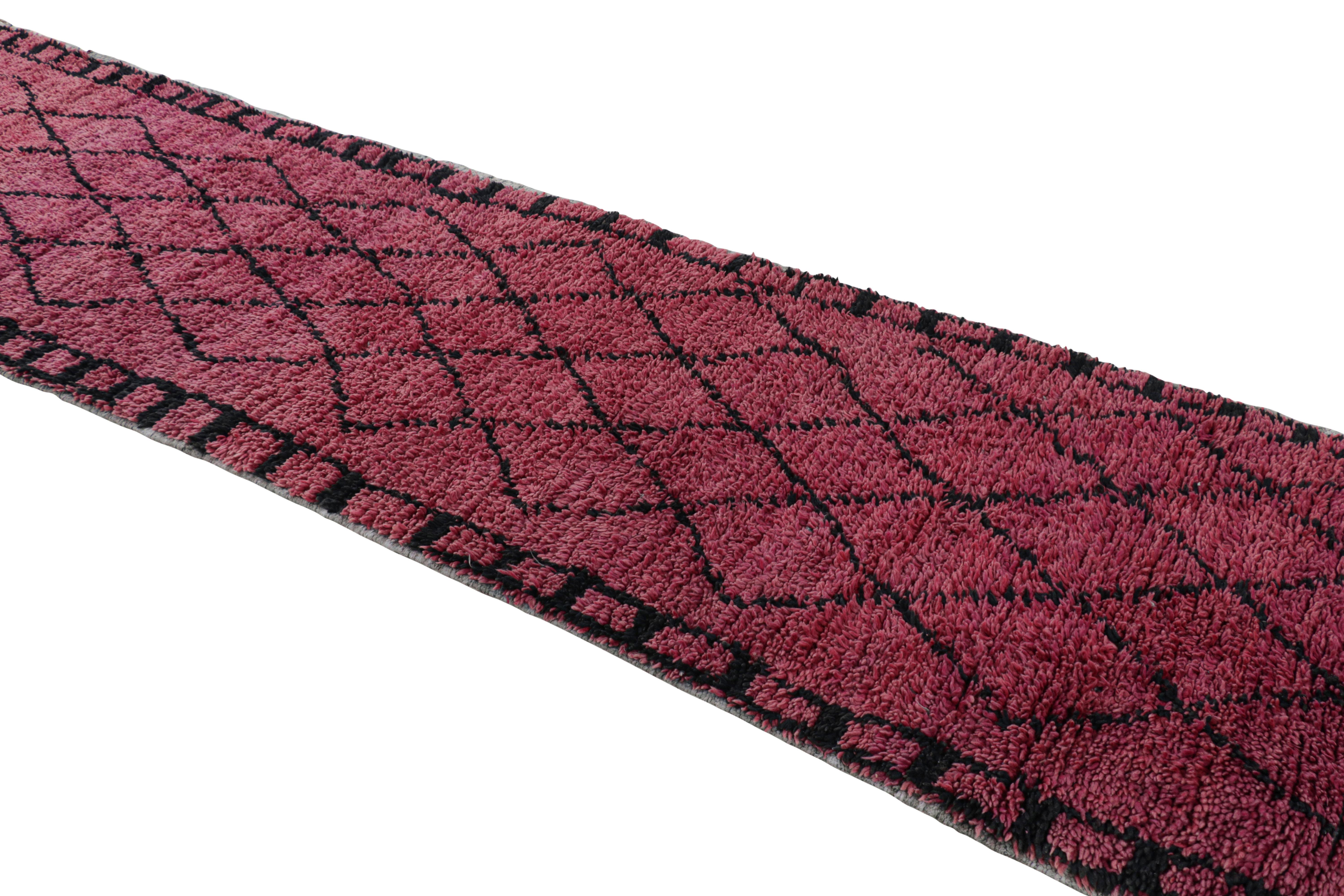 Hand-knotted in wool and originating from Morocco circa 1950-1960, this 3x13 vintage Moroccan rug is an extremely rare piece like so few of its provenance. 

On the Design: 

Admirers of the craft will note what an exceptional find this shabby chic