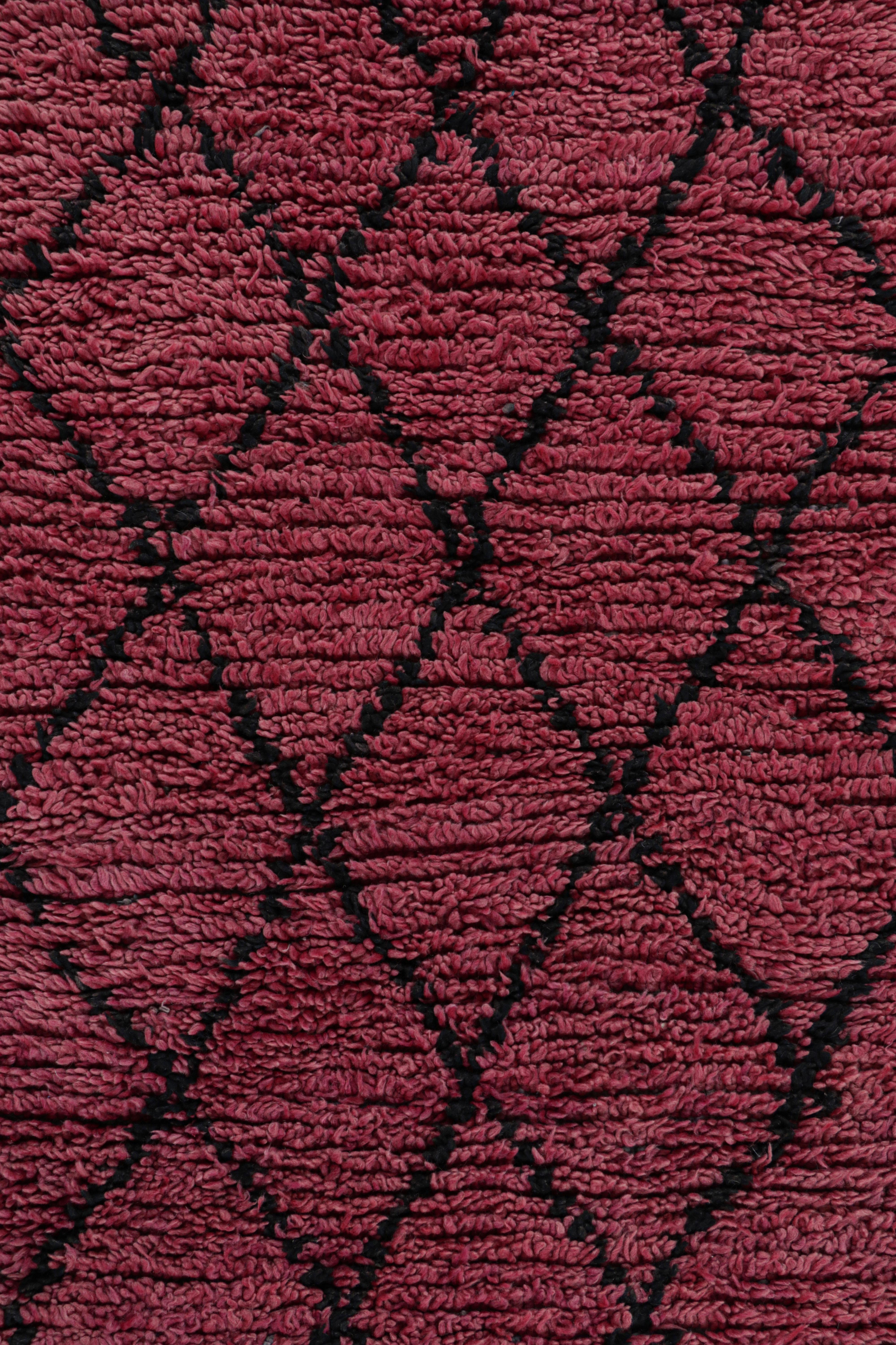 Hand-Knotted Vintage Moroccan Runner Rug in Magenta & Black Diamond Patterns  Rug & Kilim For Sale