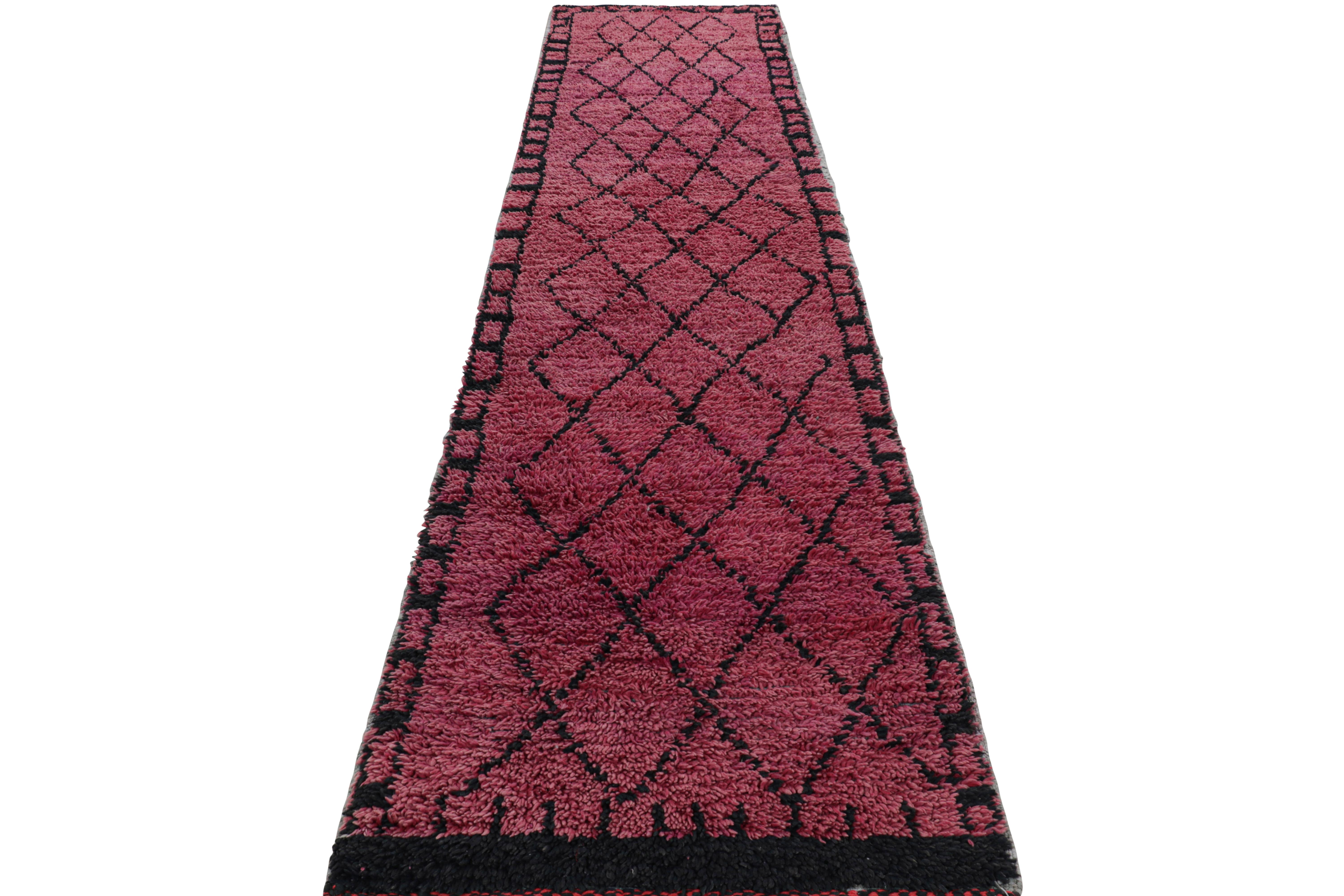 Mid-20th Century Vintage Moroccan Runner Rug in Magenta & Black Diamond Patterns  Rug & Kilim For Sale
