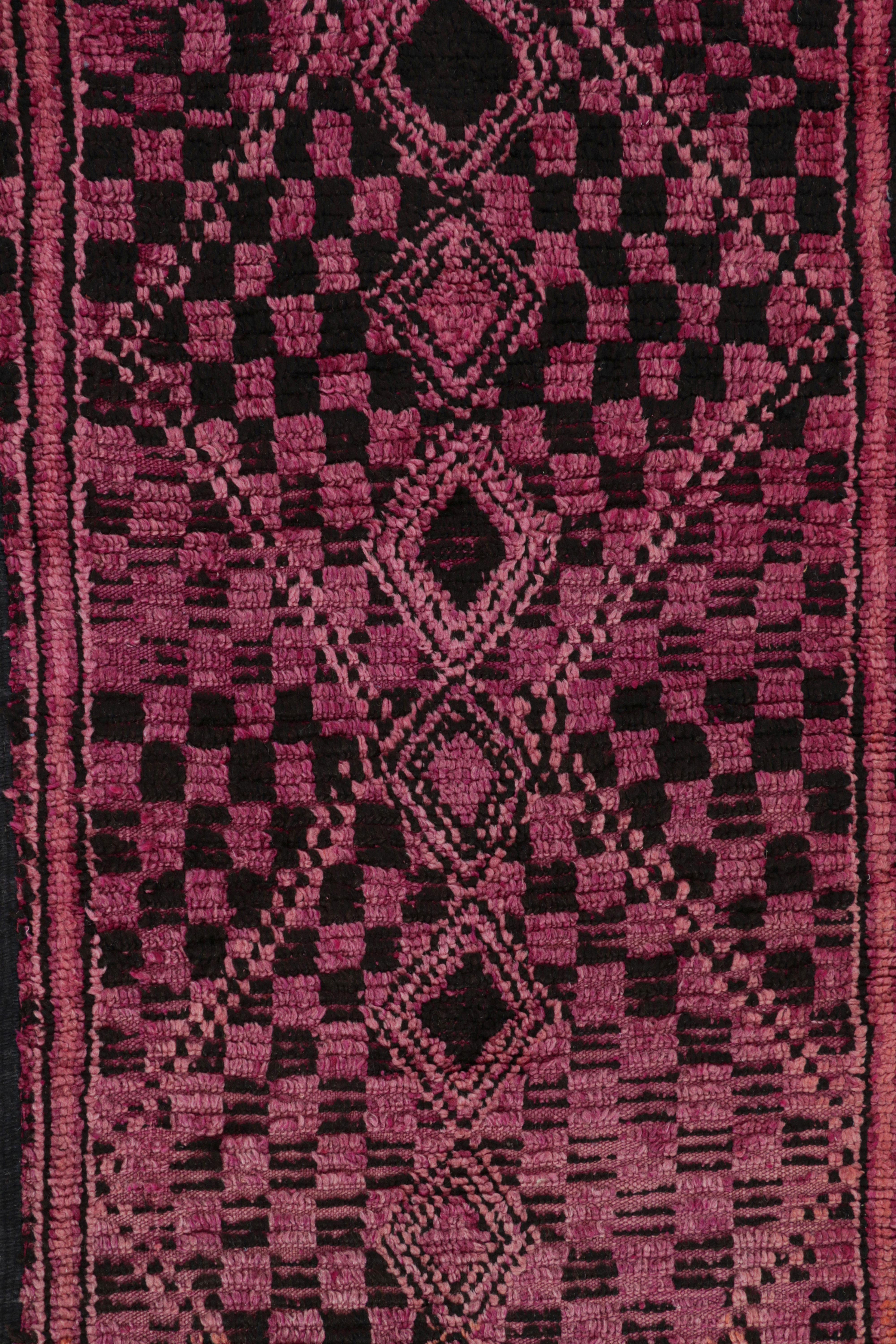 Hand-Knotted Vintage Moroccan Runner Rug in Pink with Black Diamond Patterns  Rug & Kilim For Sale