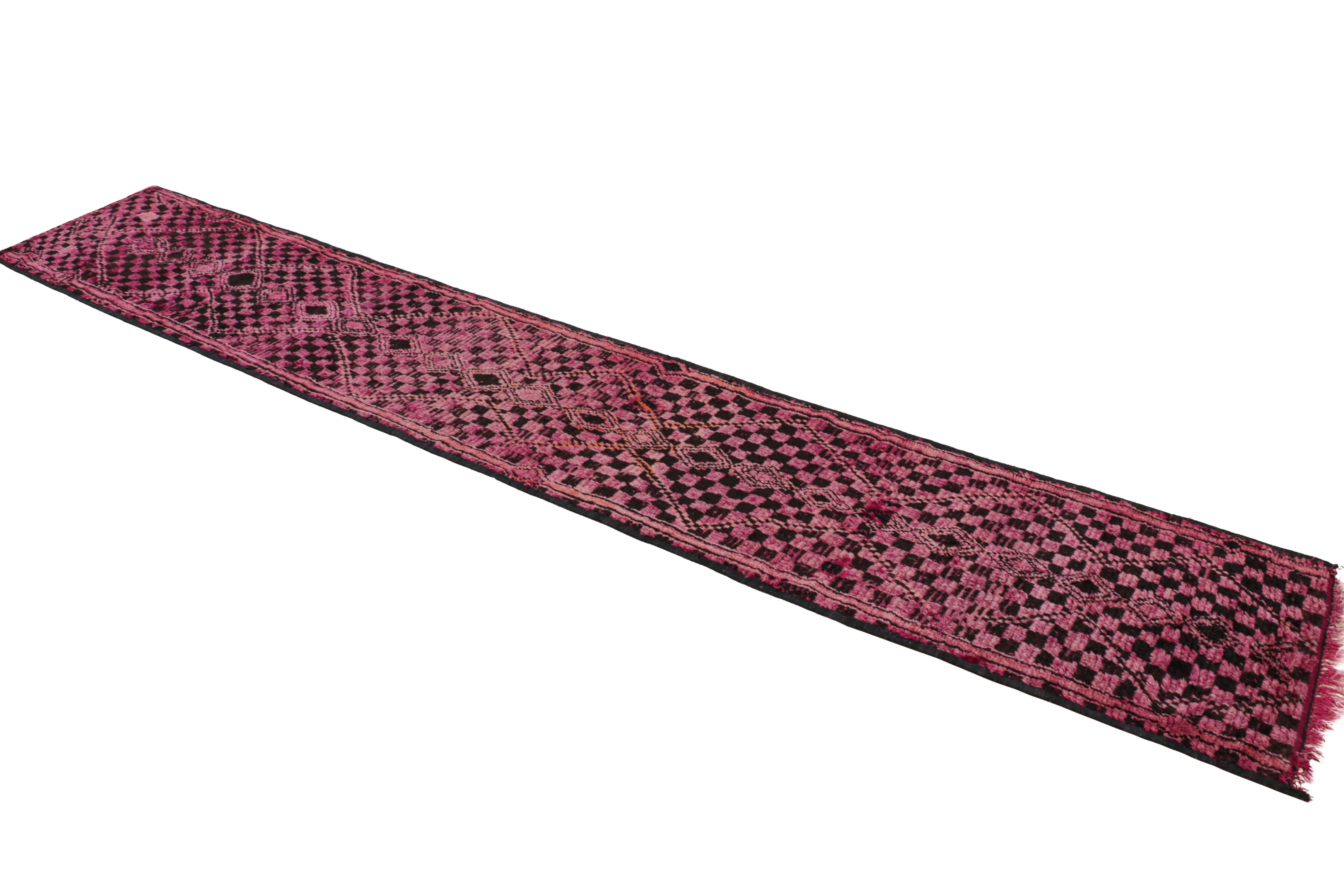 Mid-20th Century Vintage Moroccan Runner Rug in Pink with Black Diamond Patterns  Rug & Kilim For Sale