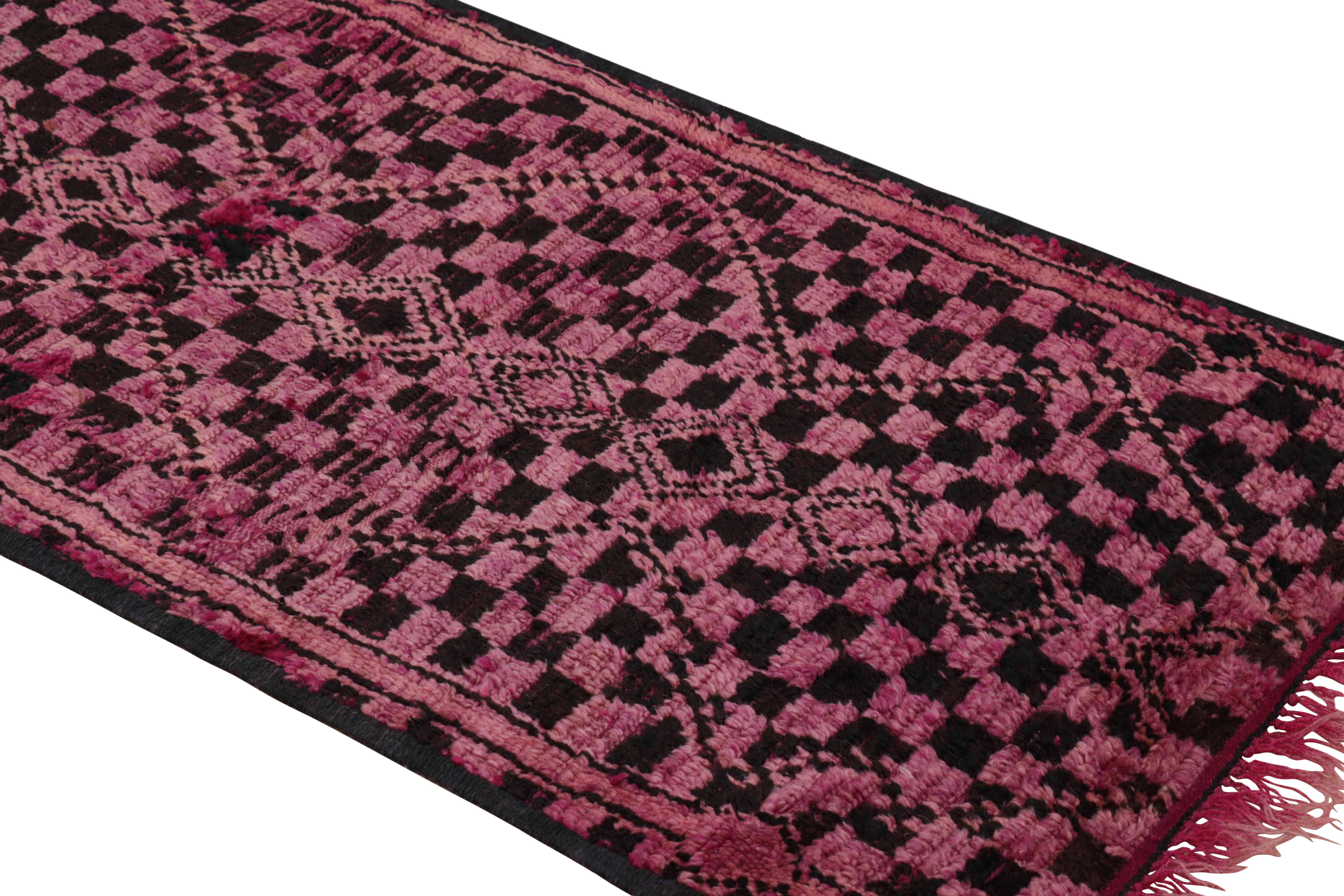 Wool Vintage Moroccan Runner Rug in Pink with Black Diamond Patterns  Rug & Kilim For Sale