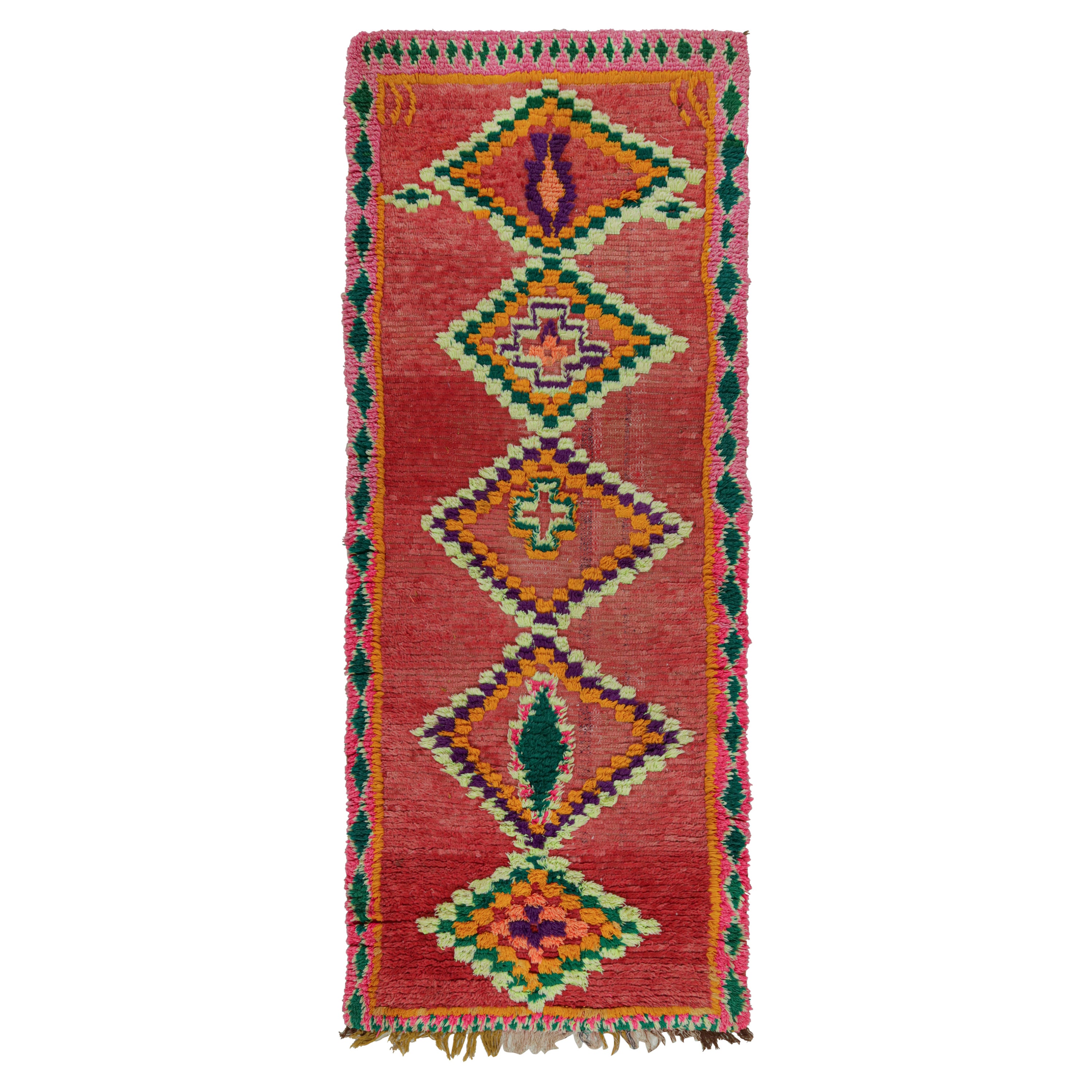 Vintage Moroccan Runner Rug in Red with Diamond Medallions, from Rug & Kilim