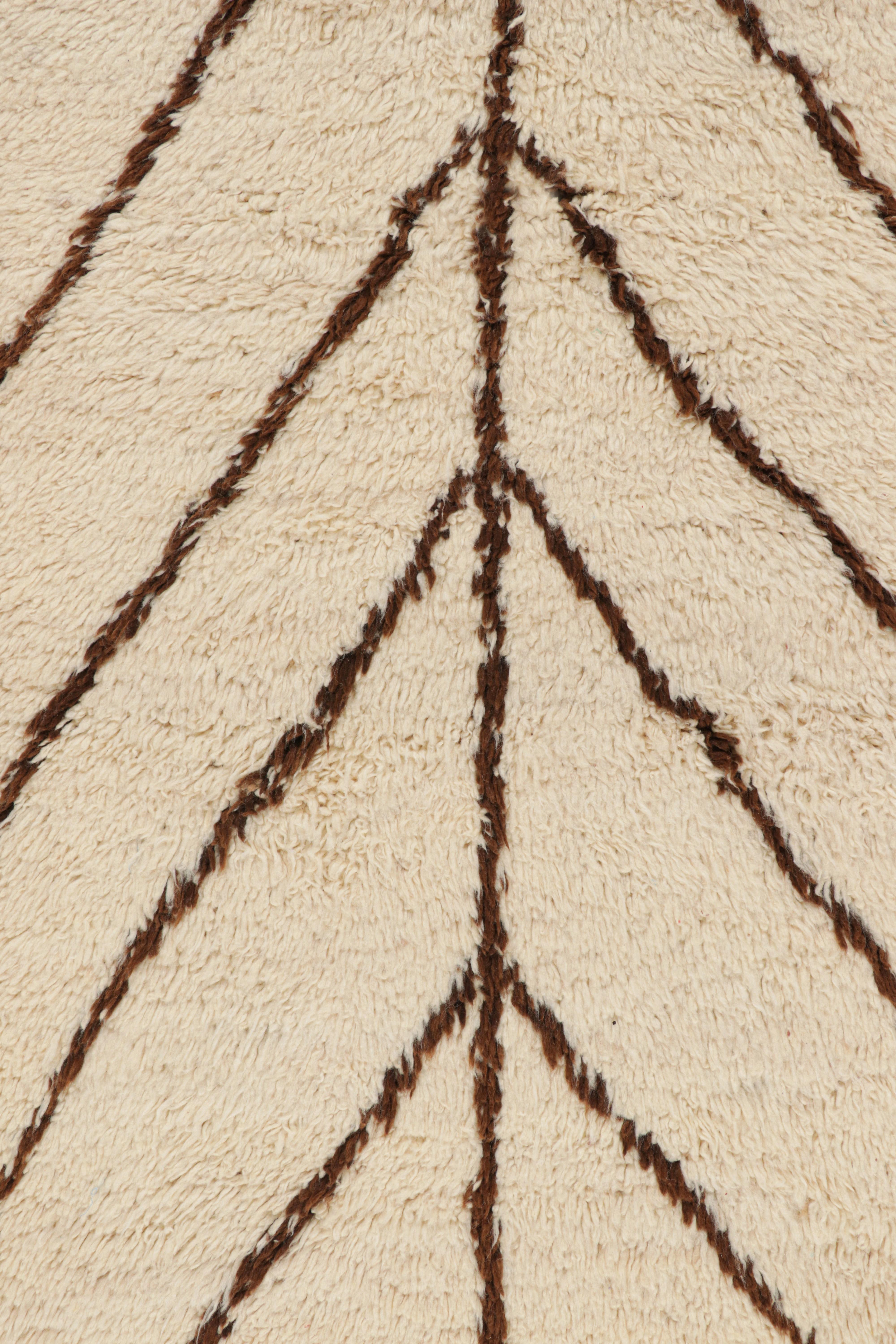 Hand-Knotted Vintage Moroccan Runner Rug in White with Brown Geometric Patterns  Rug & Kilim For Sale