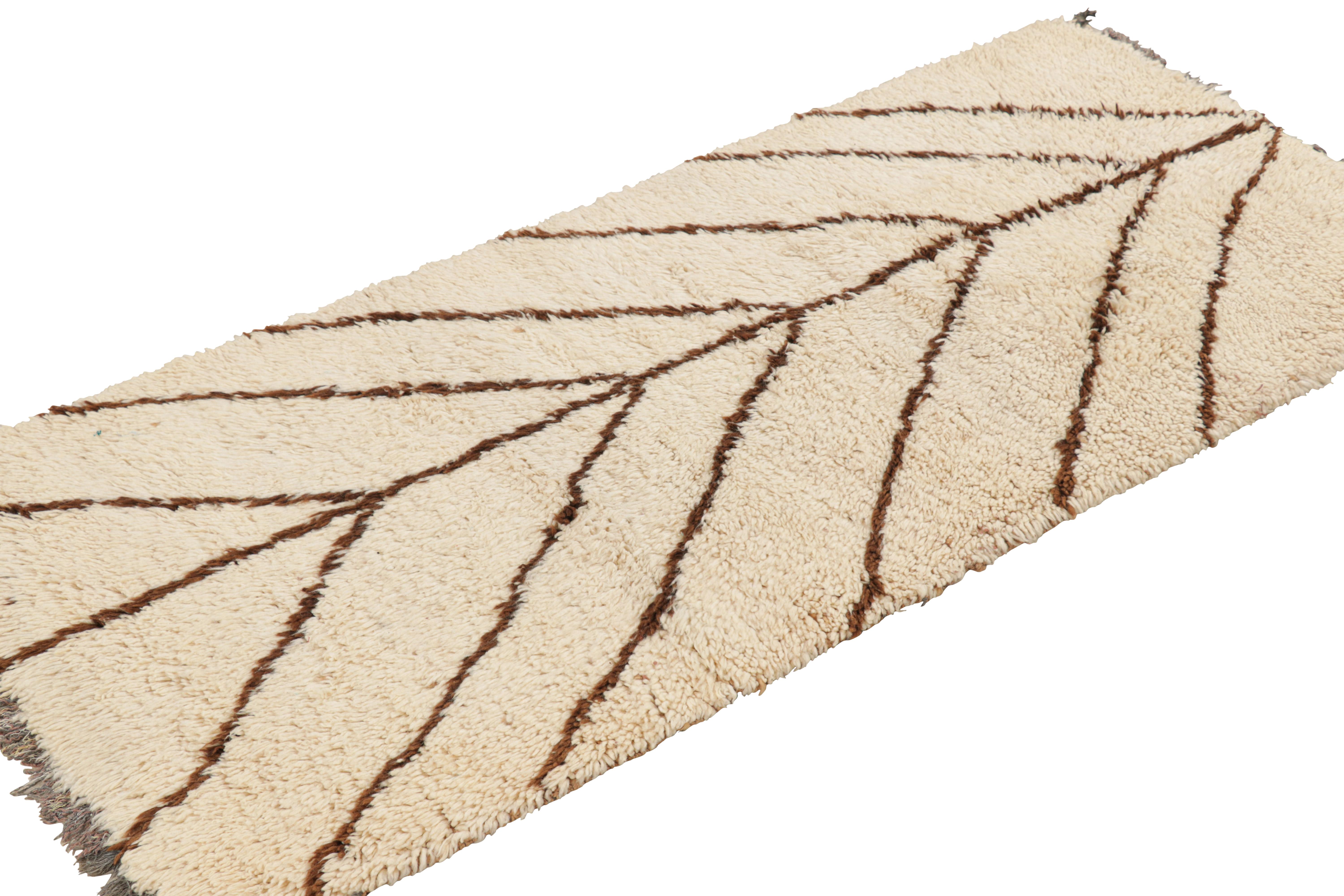 Mid-20th Century Vintage Moroccan Runner Rug in White with Brown Geometric Patterns  Rug & Kilim For Sale