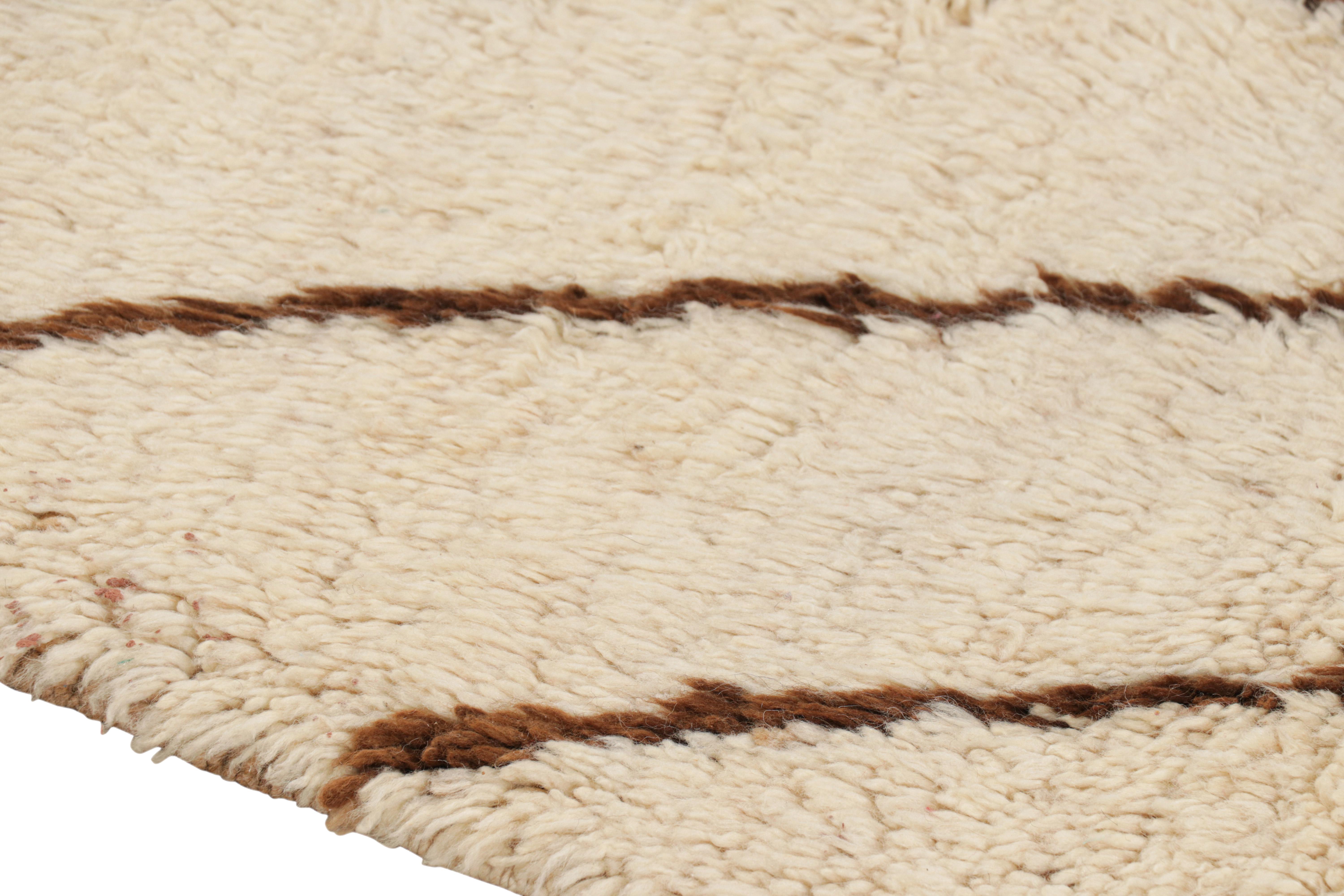 Wool Vintage Moroccan Runner Rug in White with Brown Geometric Patterns  Rug & Kilim For Sale