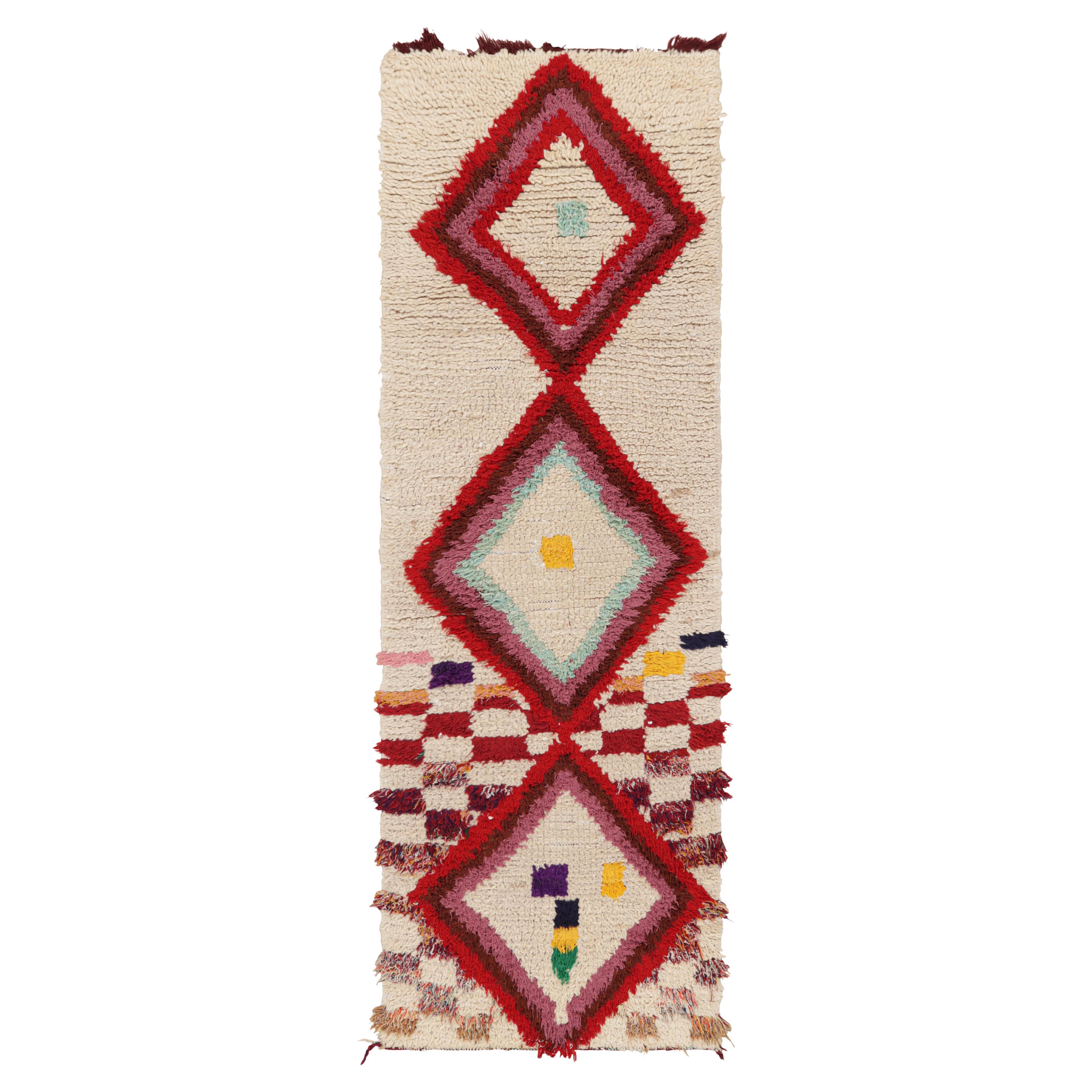 Vintage Moroccan Runner Rug in White with Red Diamond Medallions  Rug & Kilim