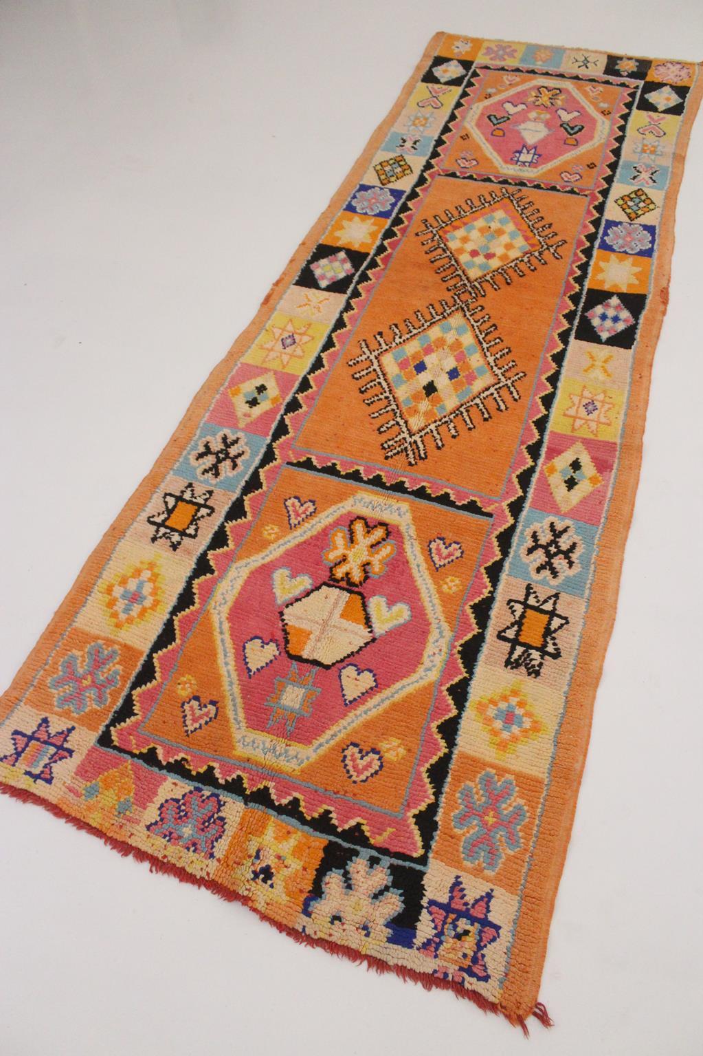 Vintage Moroccan runner rug - Orange/pink/blue - 3.6x11.3feet / 110x345cm For Sale 5
